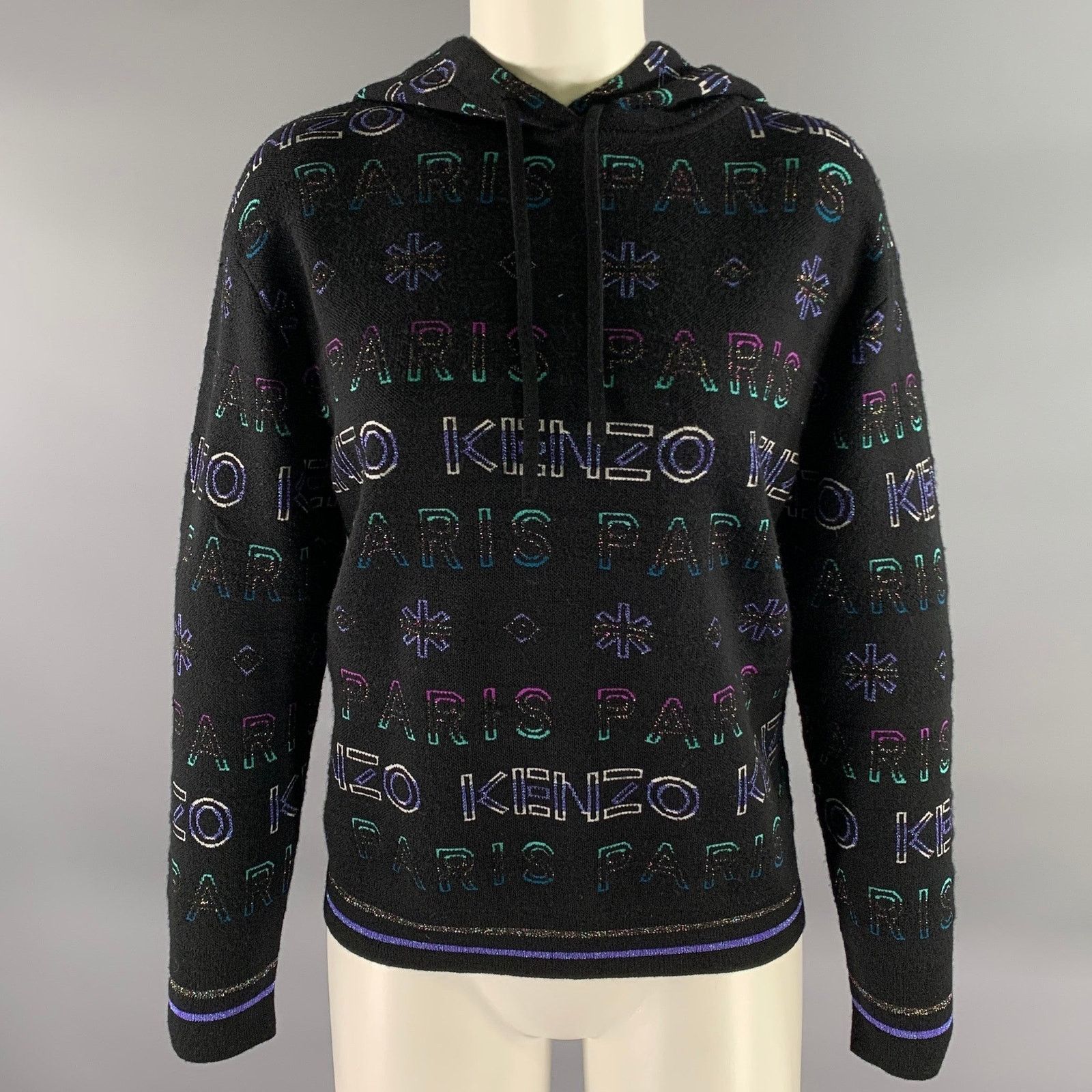 Kenzo KENZO Size S Black Metallic Wool Blend Logo Cropped Hoodie Size S / US 4 / IT 40 - 1 Thumbnail