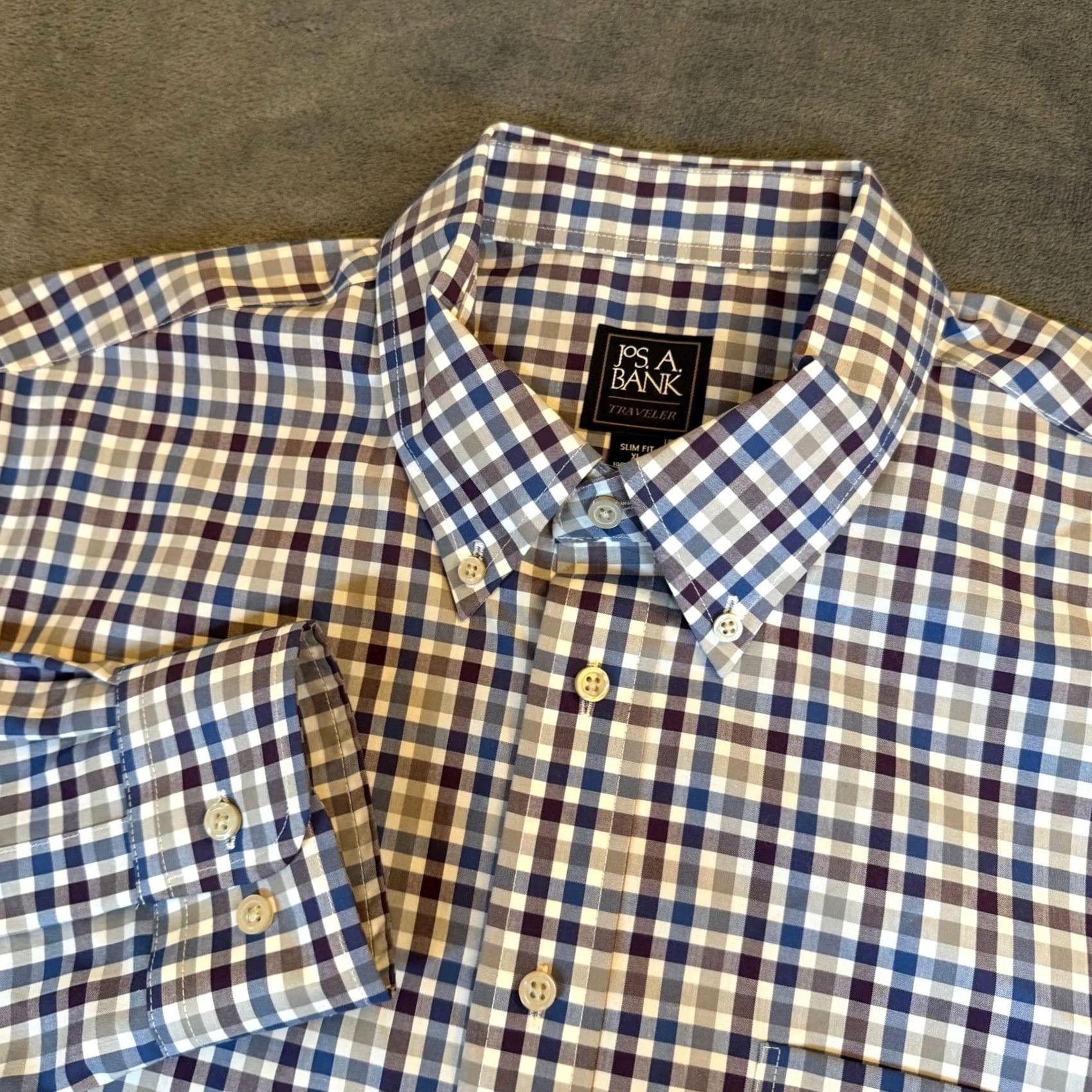 Vintage Jos A Bank Traveler Slim Fit Plaid Button-Down Shirt Purple Blue White Mens XL Size US XL / EU 56 / 4 - 2 Thumbnail