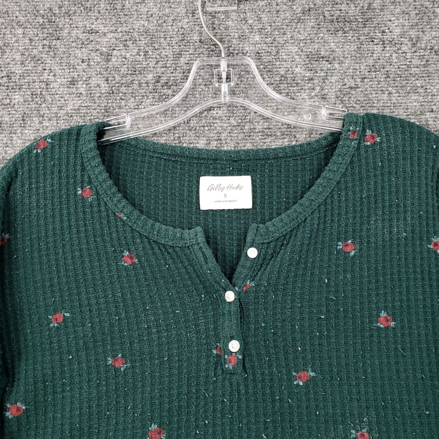 Vintage Gilly Hicks T-Shirt Womens S Small Green Crop Floral Thermal Henley Long Sleeves Size S / US 4 / IT 40 - 5 Thumbnail