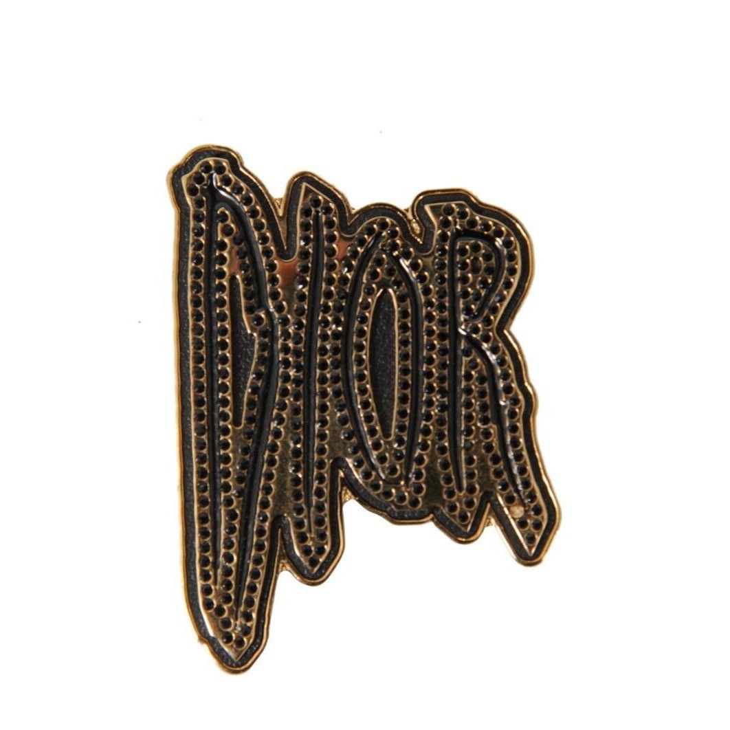 Dior Raymond Pettibon Gold Black Logo Pin Crystal Jacket Brooch Size ONE SIZE - 1 Thumbnail