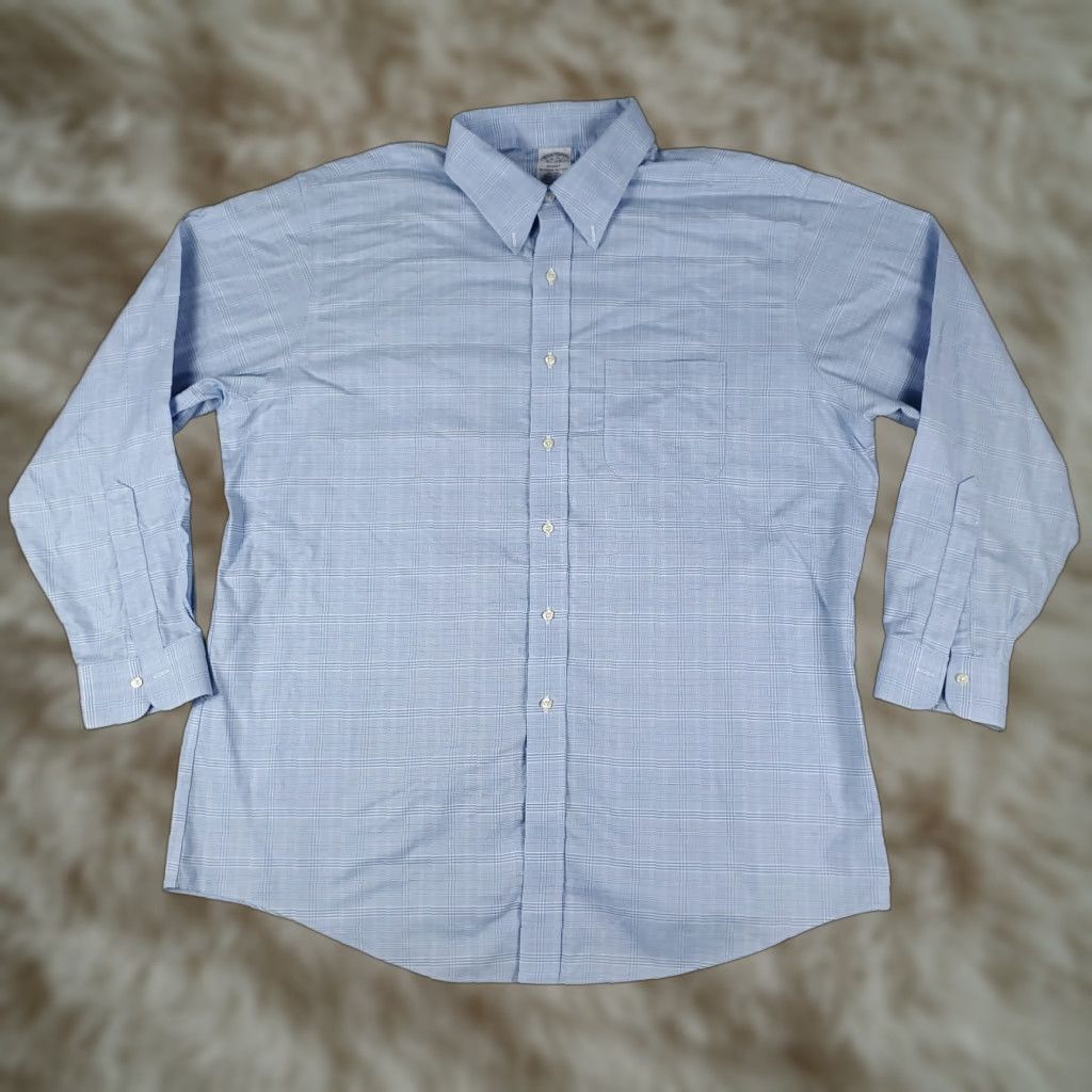 Brooks Brothers VINTAGE Brooks Brothers Shirt Mens 18 Blue Plaid Regent Dress Button Up Long Sleeve Regular 18in Blue Non-Iron Pockets Mens Breakthrough Size 48R - 1 Thumbnail