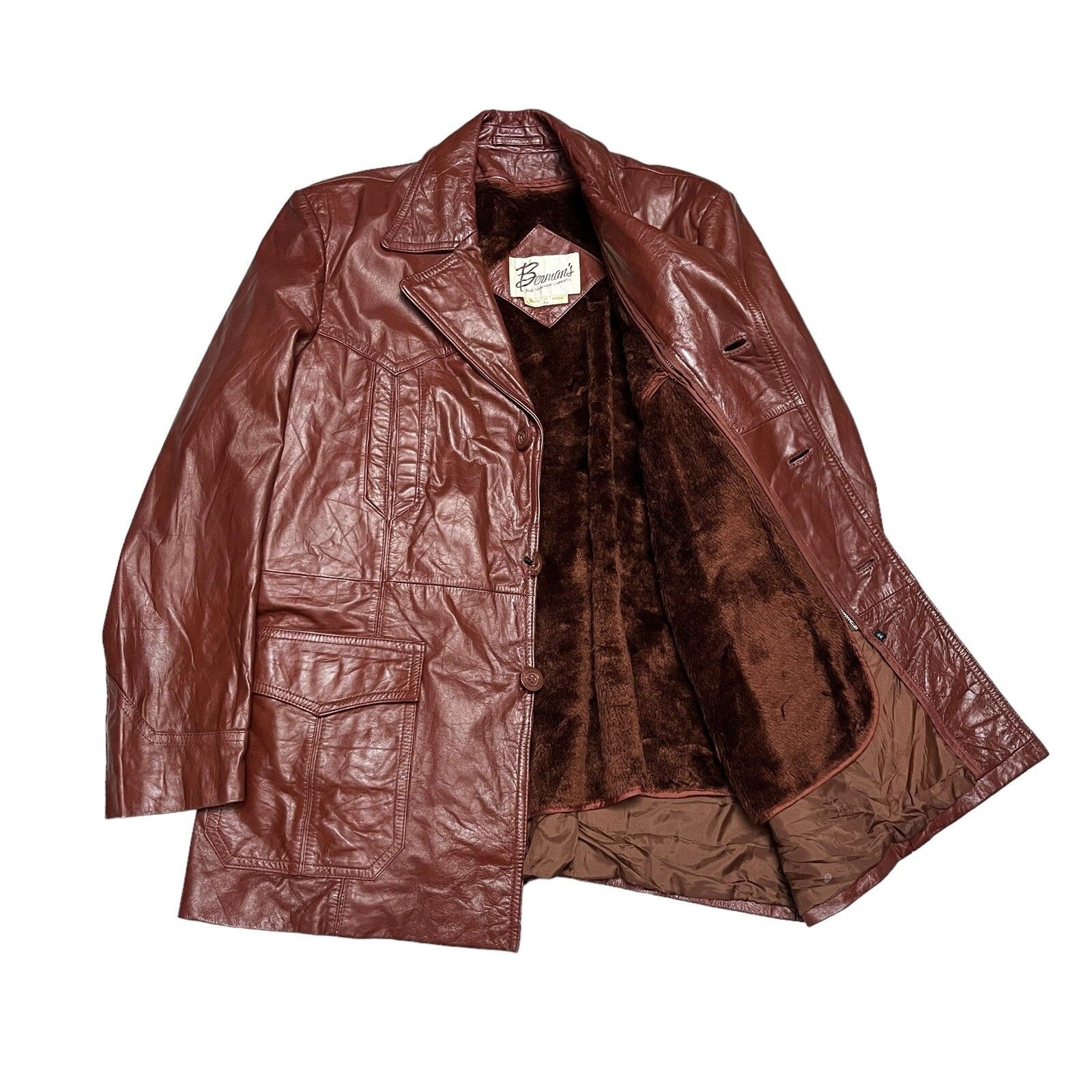 Leather VINTAGE Bermans 100% LEATHER Brown Faux Fur Fleece Jacket Size US L / EU 52-54 / 3 - 1 Thumbnail