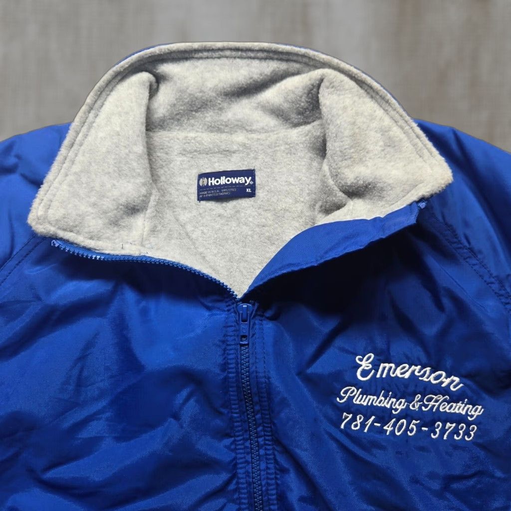 Holloway VINTAGE Holloway Emerson Plumbing & Heating Varsity Jacket Nylon Lined Men's XL Blue 80s Classic Football Style Snap Front Pockets Size US L / EU 52-54 / 3 - 1 Thumbnail