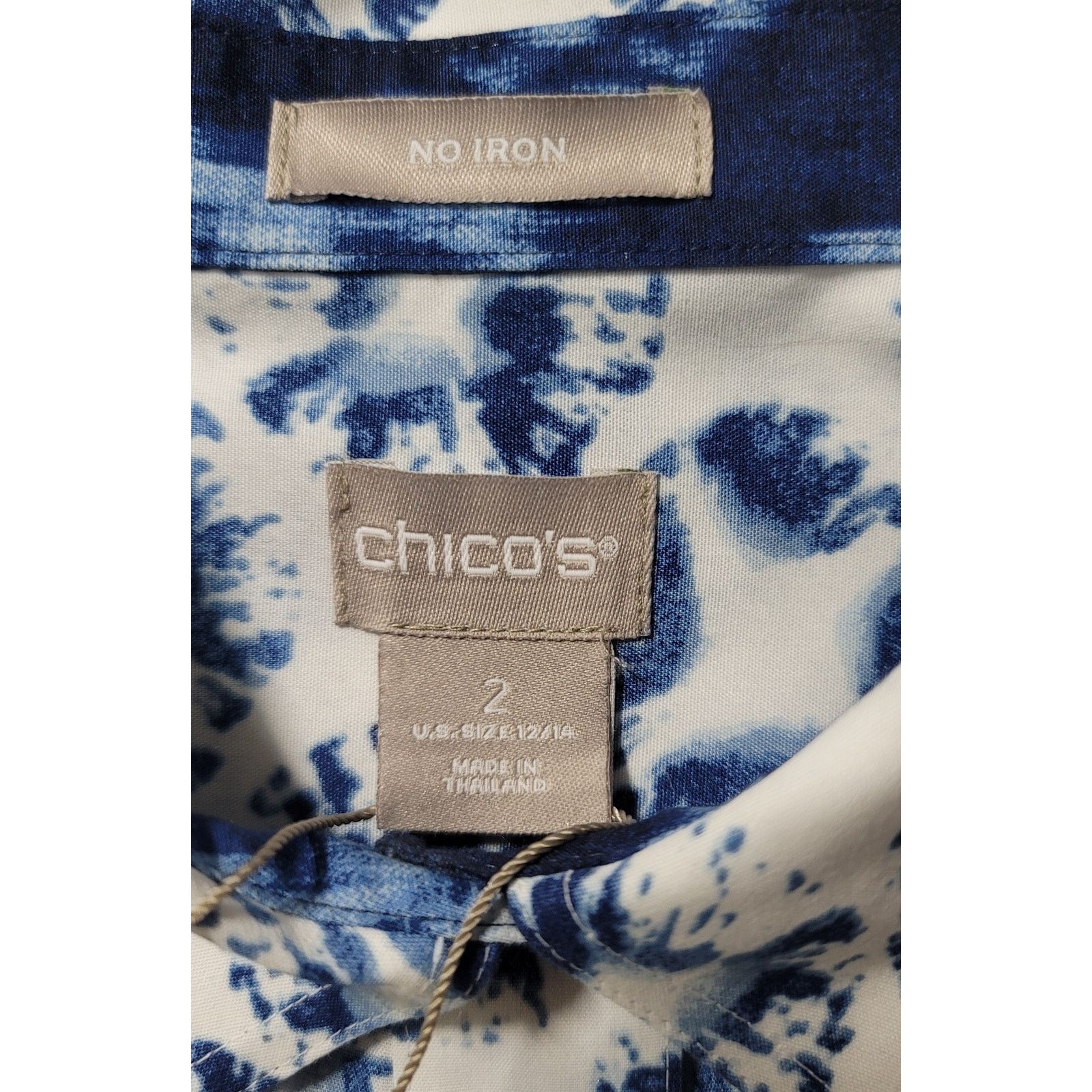 Chicos Chico's Blue Tie Dye Shells Henley No Iron Top 2 Large NWT Size L / US 10 / IT 46 - 4 Thumbnail