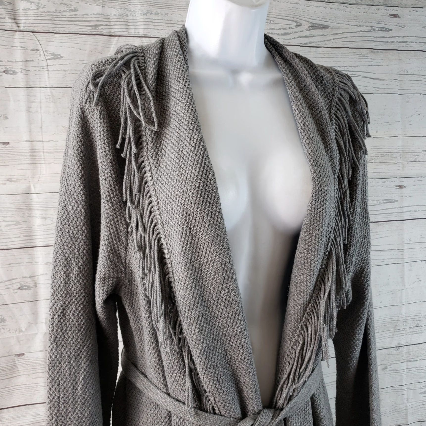 J. Jill J Jill Cardigan Shirt Womens Belted Gray Fringe Cotton Blend Large Petite, Knits, Long Sleeve, Size PL, Size L / US 10 / IT 46 - 2 Thumbnail