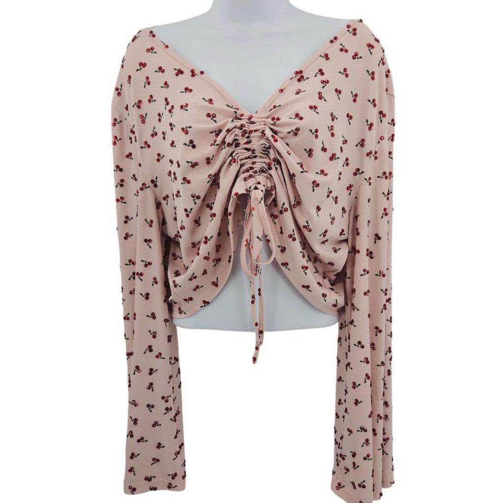 Shein Hand-Rhinestoned Pink Cherry Print Ruched Blouse Size 4XL / US 24-26 - 2 Thumbnail