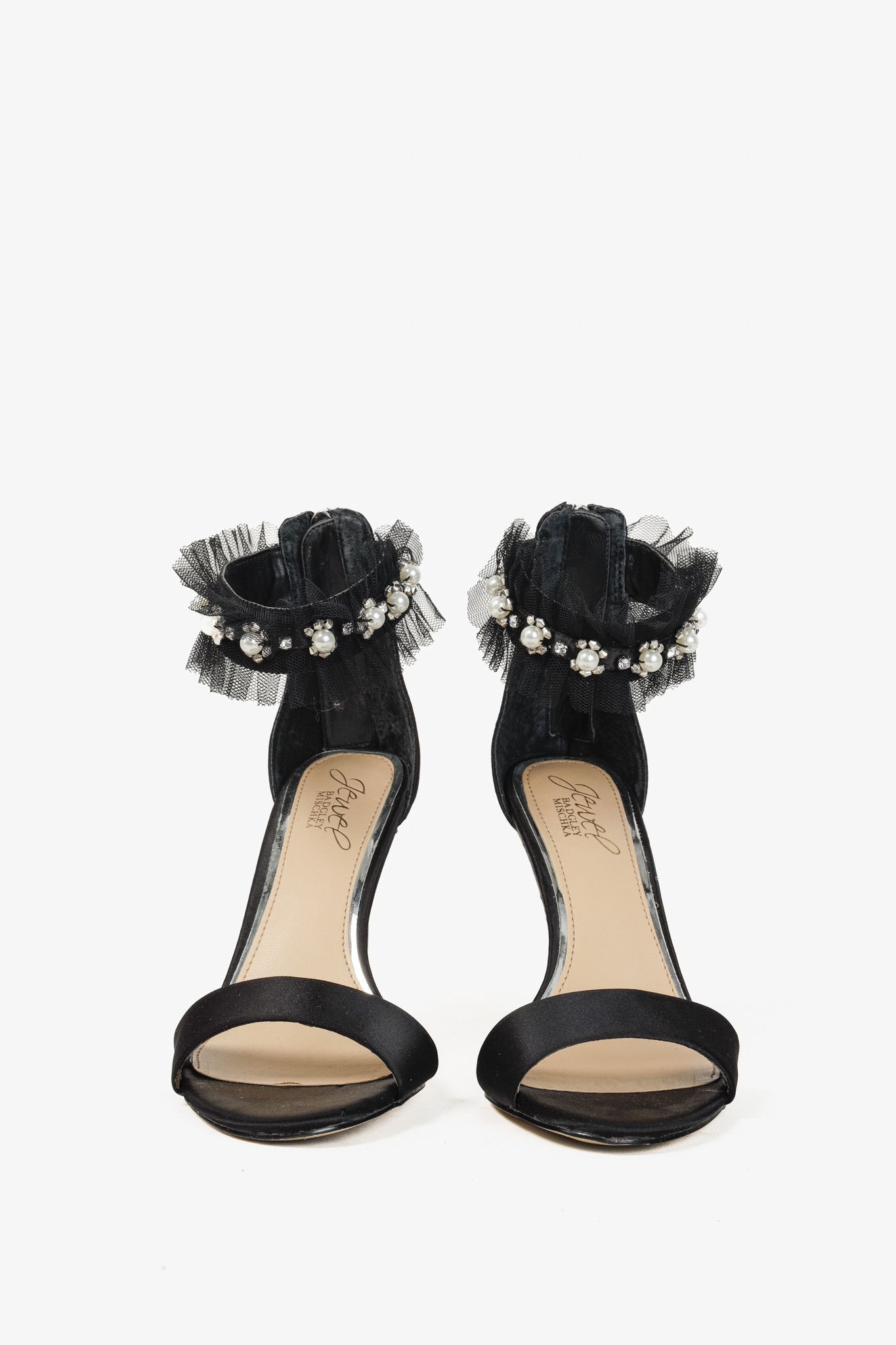 Badgley Mischka Badgley Mischka Jewel Black Tulle Ruffle and Pearl Sandals Size US 5.5 / IT 35.5 - 2 Thumbnail