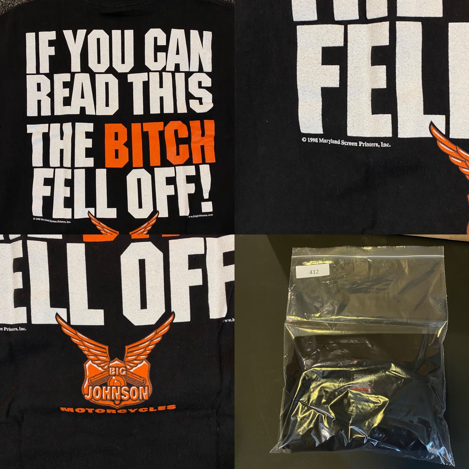 Big John VINTAGE Big Johnson Shirt Mens L Black Motorcycle Tee 1998 Maryland B*tch Fell Off Tee Logo Graphic Print Shirt Mens Size US L / EU 52-54 / 3 - 8 Thumbnail