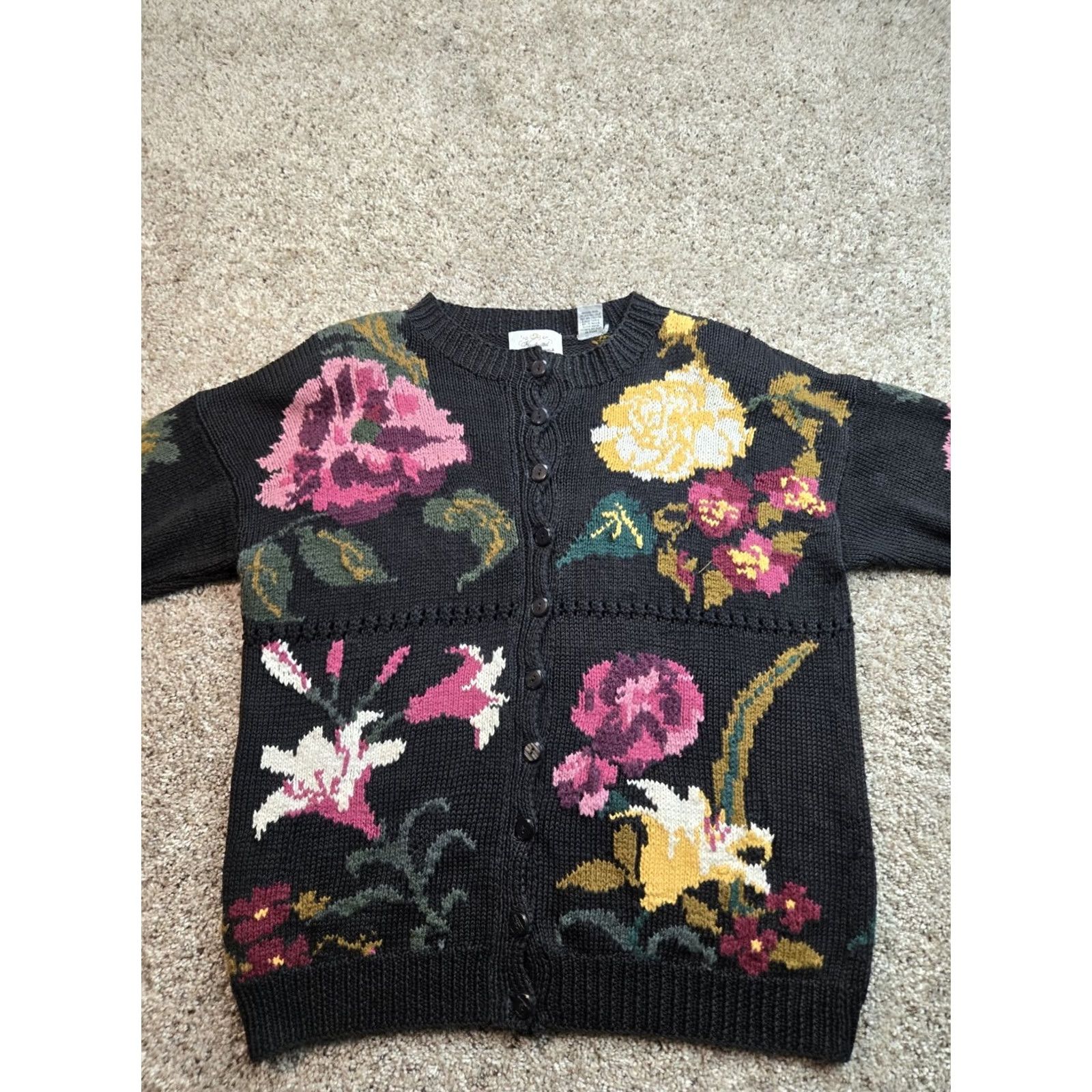 Express VINTAGE Express Cardigan Sweater Womens XS Black Floral Button 90s Crew Neck Raglan Long Sleeve Cotton Ramie Knit Shirt Size XS / US 0-2 / IT 36-38 - 3 Thumbnail