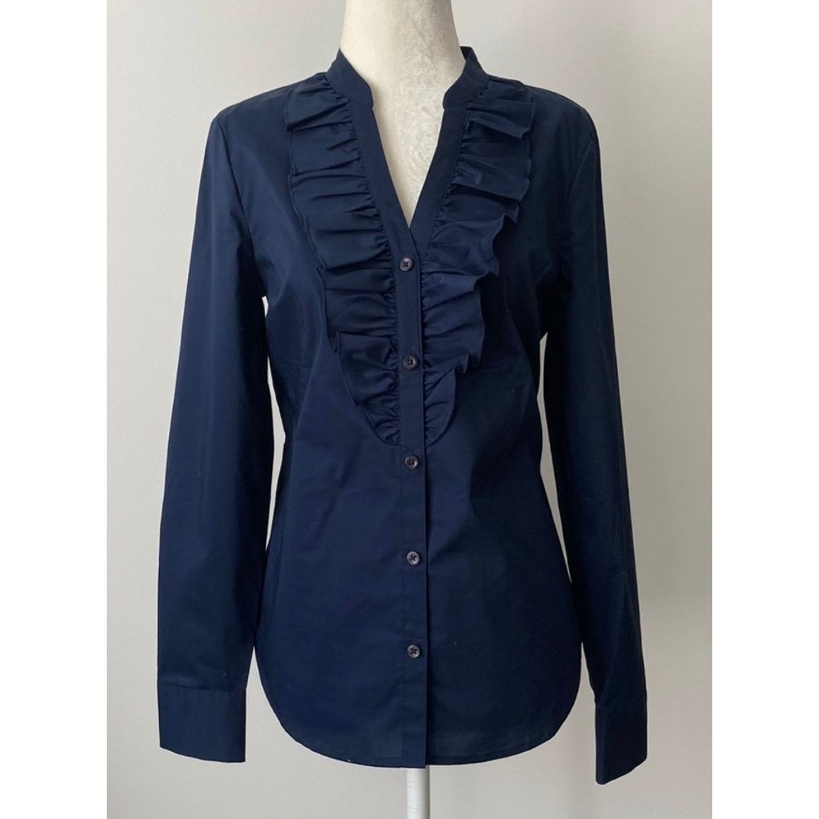 Ann Taylor Ann Taylor Loft Navy Blu Front Button Ruffle Top Long Sleeve Size XL / US 12-14 / IT 48-50 - 5 Thumbnail