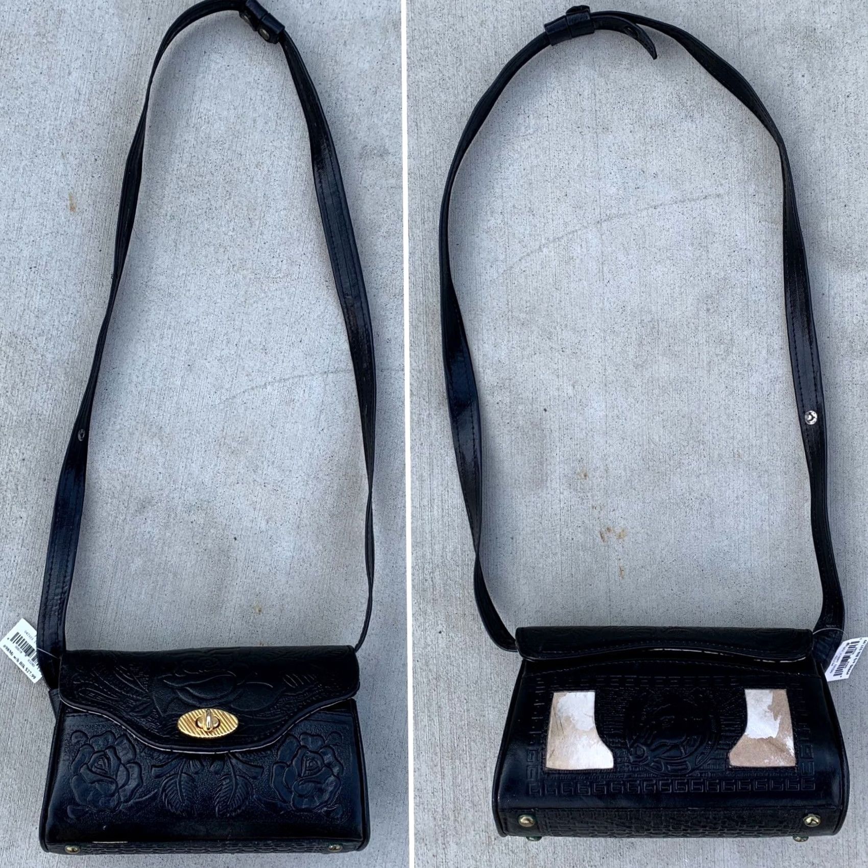 Vintage VINTAGE Tooled Leather Purse Shoulder Bag Crossbody Black W/ Hair On Hide Horse Floral - Hecho In Mexico Women Bag Size ONE SIZE - 7 Thumbnail