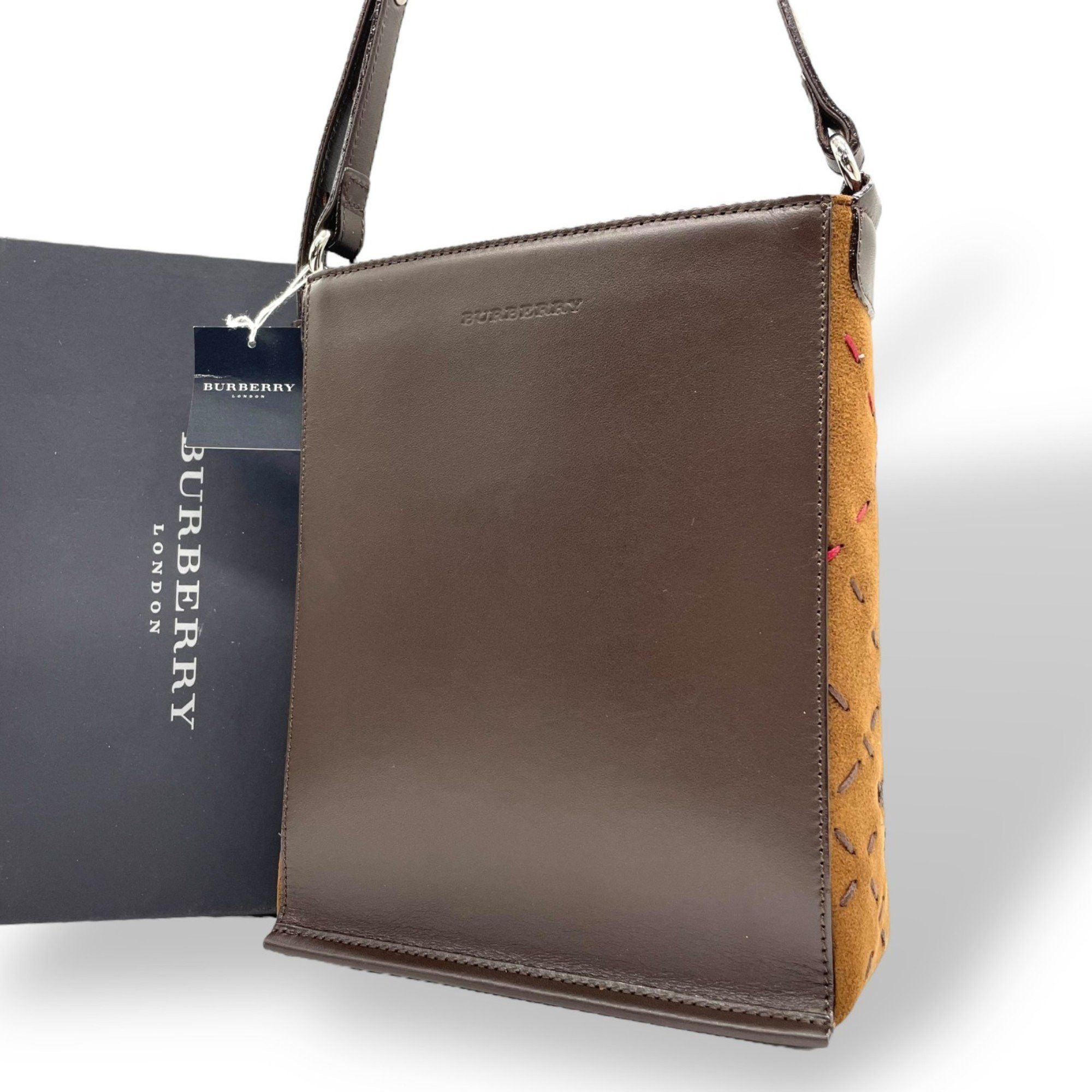 BURBERRY shoulder bag with logo stitching, brown leather and suede