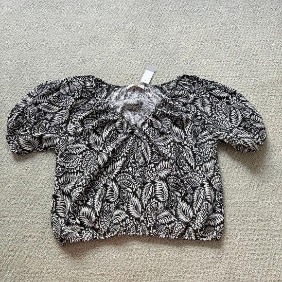 Loft New LOFT Womens Top Palm Crinkle Bubble Hem Blouse Black Whi Size M / US 6-8 / IT 42-44 - 3 Thumbnail