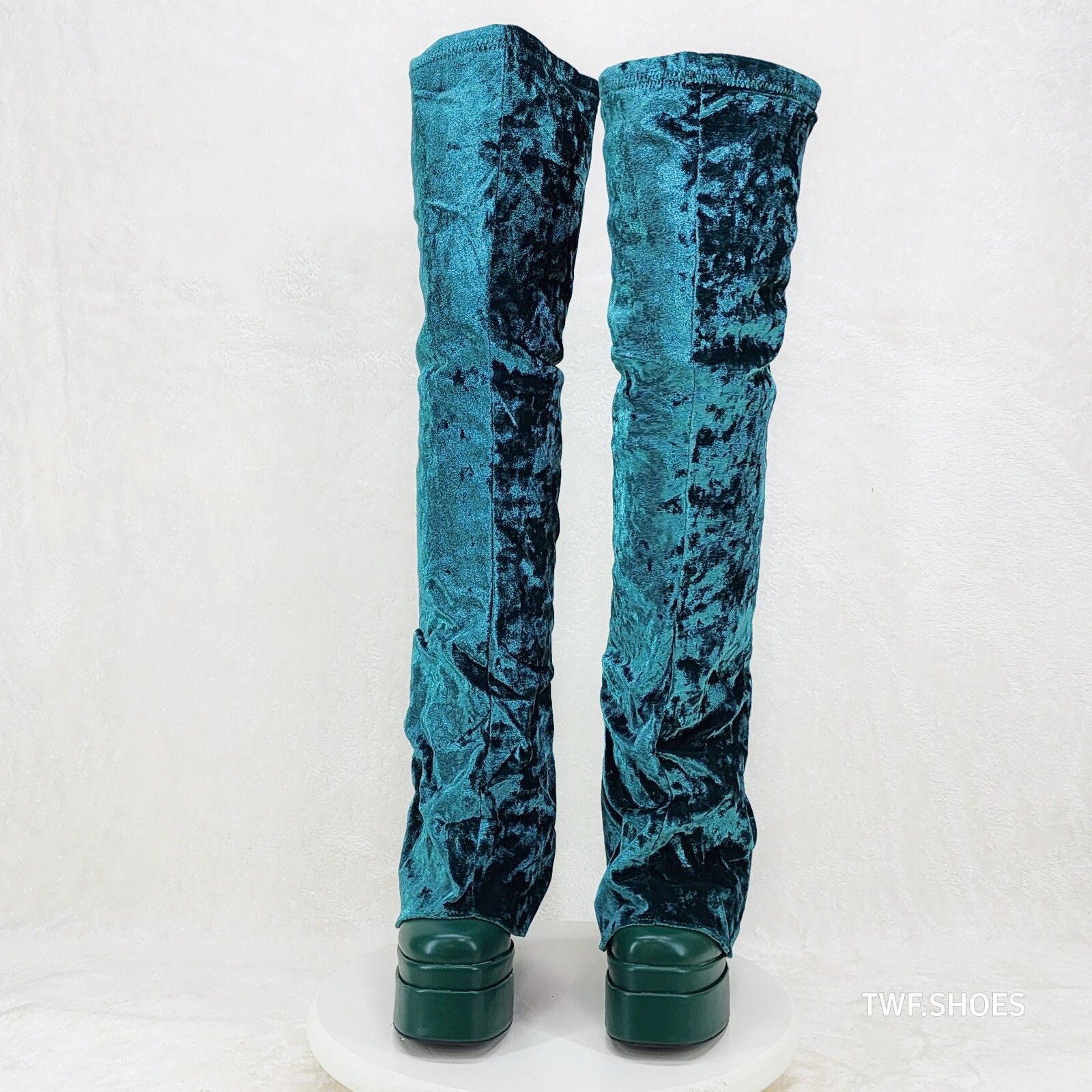 Other Unique Thigh High Green Velvet Fold over Skirted Chunky Heel Size US 9 / IT 39 - 7 Thumbnail