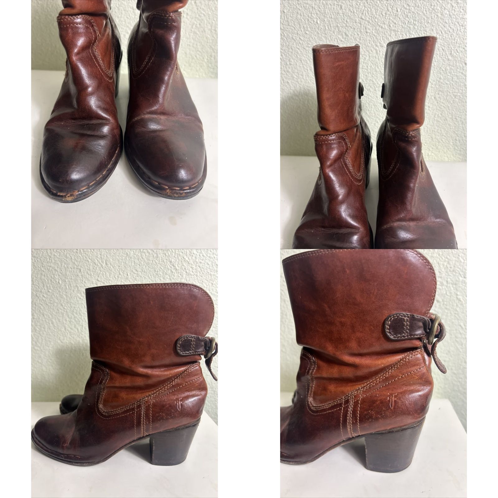Frye FRYE Lucinda Short Brown Leather Bootie Boots Women 6.5 M Buckle Leather Inside Flaw Mid-Calf Almond Toe Size 28" / US 6 / IT 42 - 8 Thumbnail