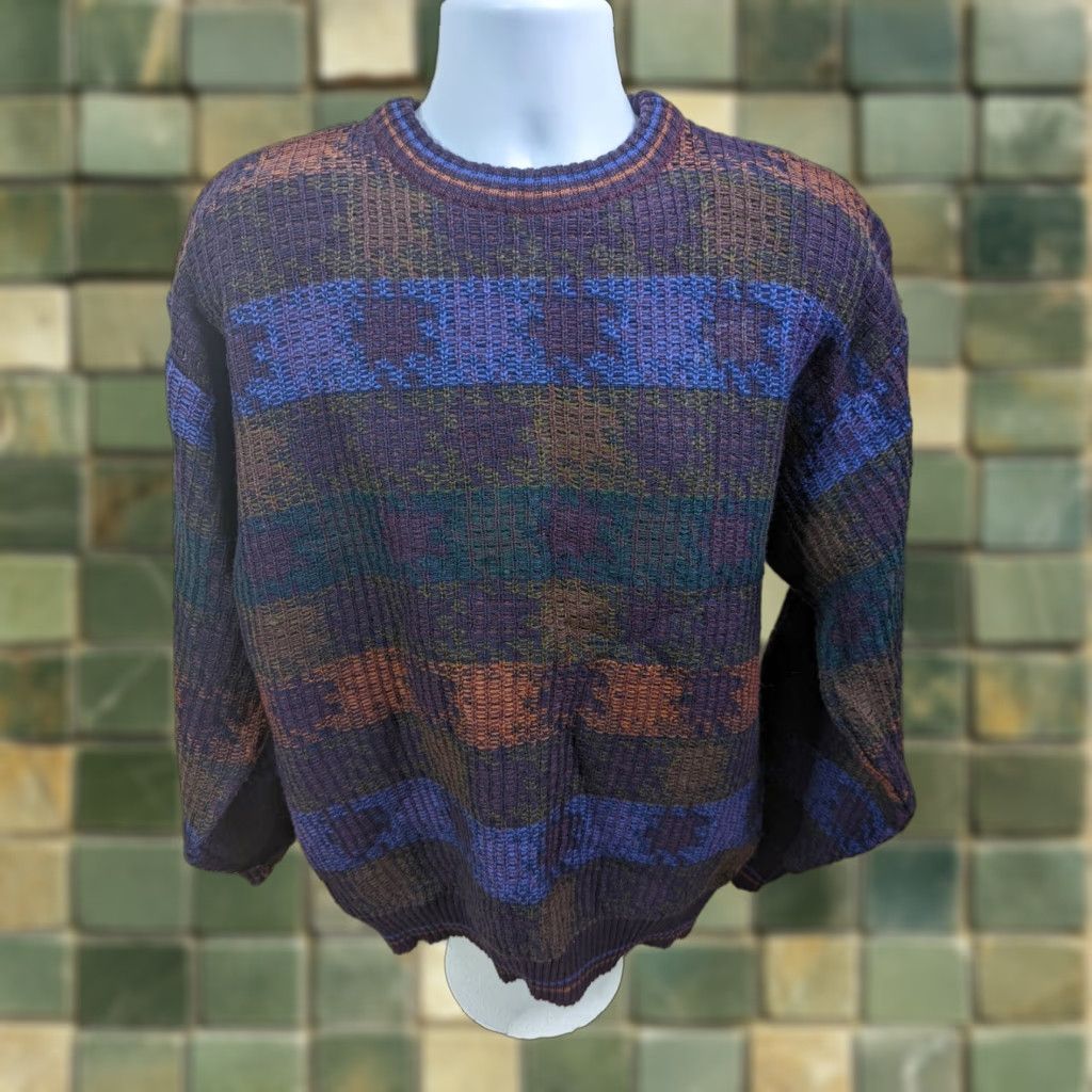 Vintage VINTAGE 80s Geometric Cosby Sweater Crewneck Large S8C Purple Shirt Mens Pullover Geometric 80s Cosby Size US L / EU 52-54 / 3 - 1 Thumbnail