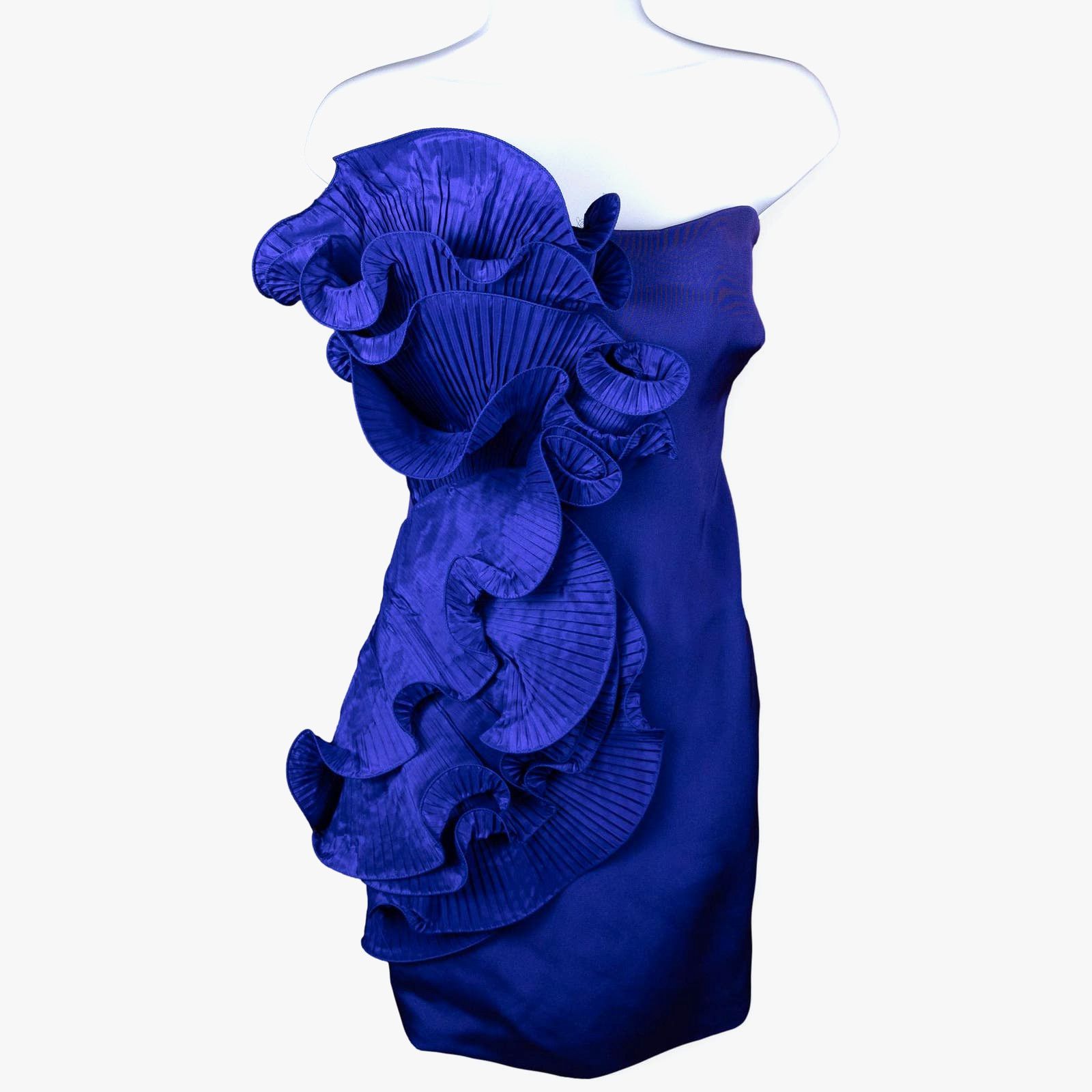 image of Marchesa Notte Blue Ruffle Mini Strapless Cocktail Dress 4, Women's (Size Small)
