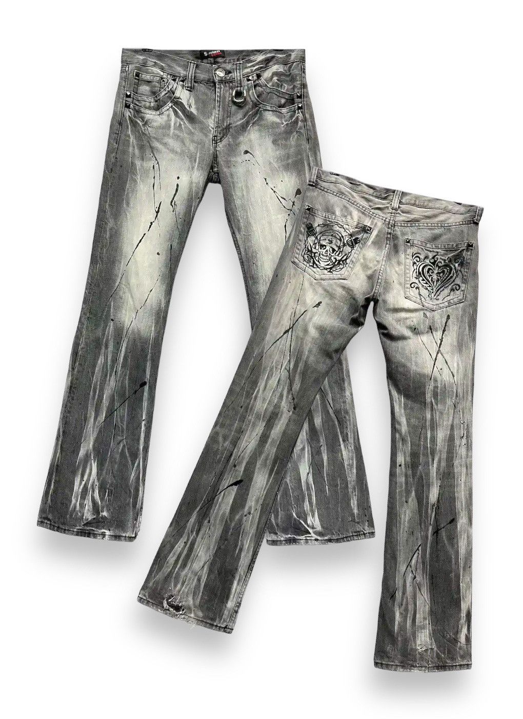 Japanese Brand Acid Wash Splash Punk Skull Heart Tribal Embroidered FLARE💥 Size US 30 / EU 46 - 1 Thumbnail