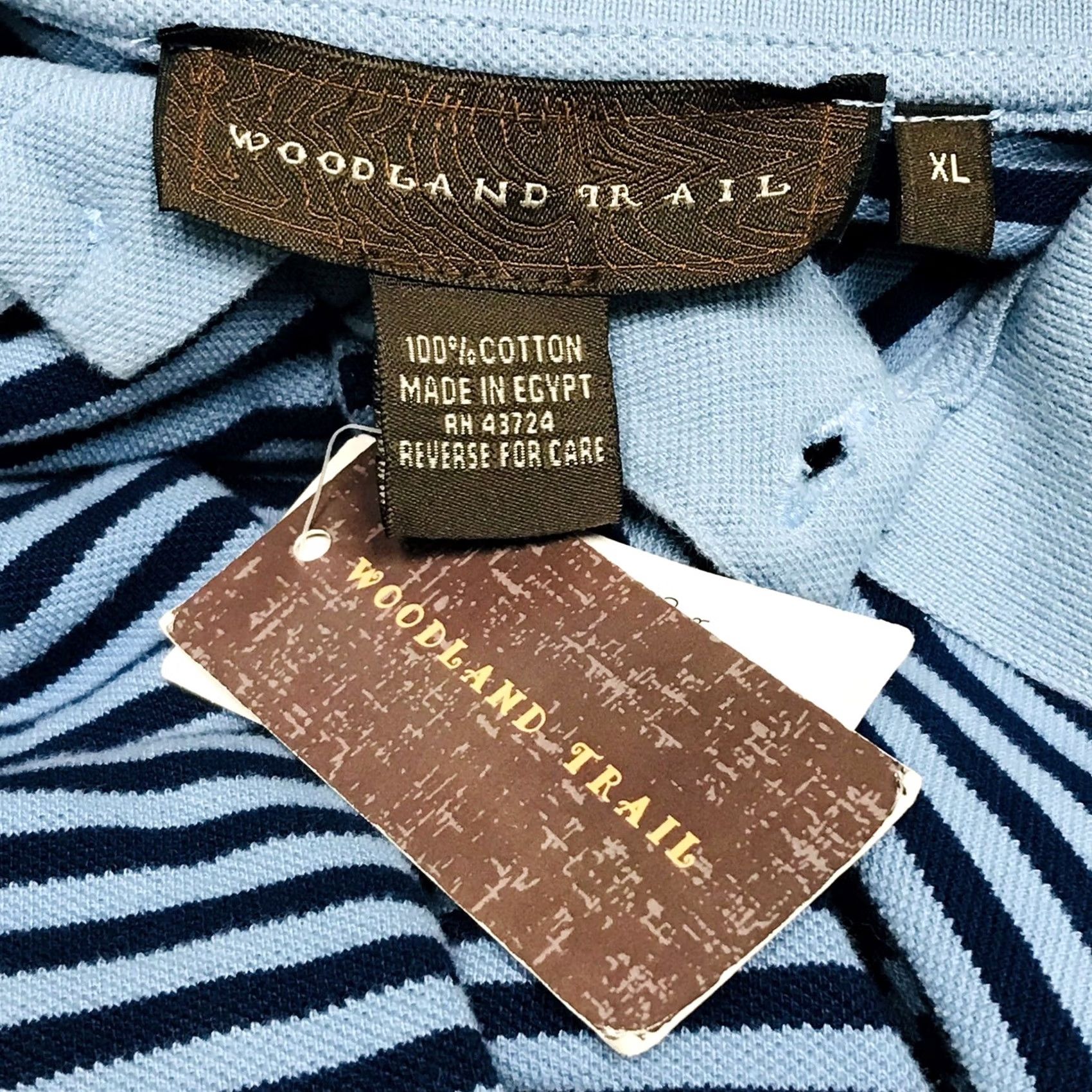 Vintage Woodland Trail Men Cyan-Blue/Dark Stripe Short Sleeve Polo XL Short Sleeve Polo Made in Egypt 100% Cotton Golf Casual Mens Shirts Size US XL / EU 56 / 4 - 3 Thumbnail