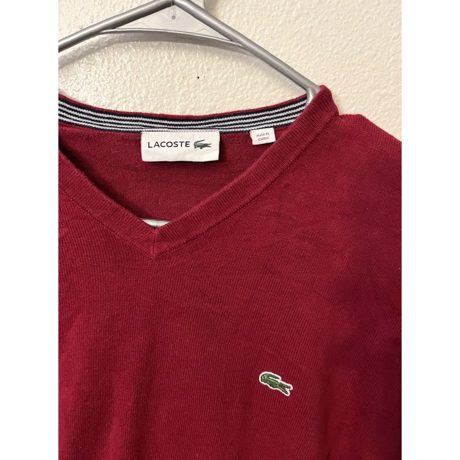 Lacoste LACOSTE VINTAGE V-Neck Sweater Men's Large Regular Fit Solid Bordeaux Red Classic Preppy Office Career Size US L / EU 52-54 / 3 - 2 Thumbnail