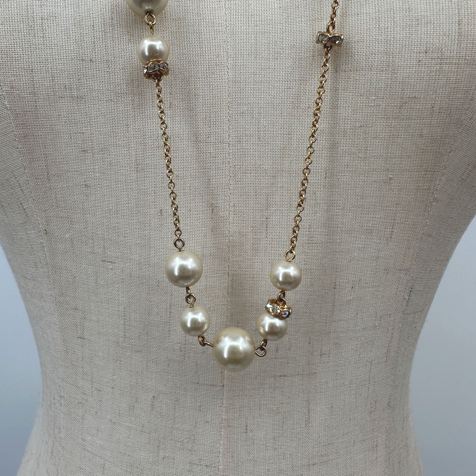 J.Crew J Crew Long Necklace Simulated Pearl Rhinestone Stations Size ONE SIZE - 3 Thumbnail