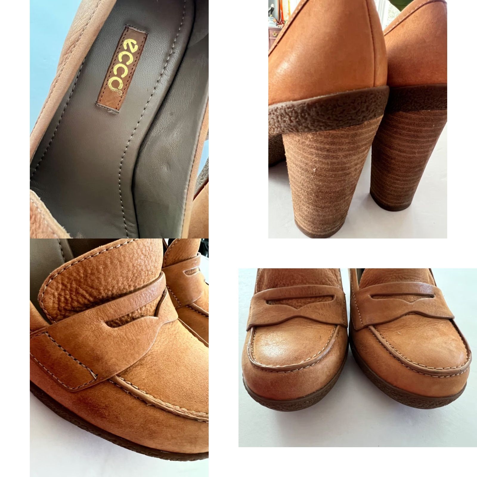 Ecco ECCO Heel Pump Women Leather Slip On Tan Rubber Sole High Block Heel 3.75" Comfort Cushioned M 6.5 37 Vintage No Size US 7 / IT 37 - 8 Thumbnail