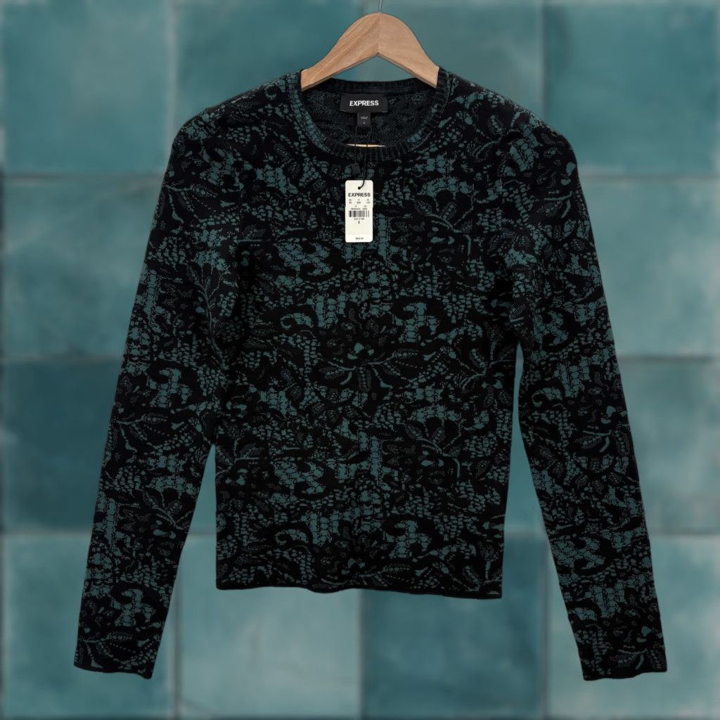 Express Express Sweater Womens Small Green Black Floral Knit Crew Neck Long Sleeve NWT Size S / US 4 / IT 40 - 1 Thumbnail