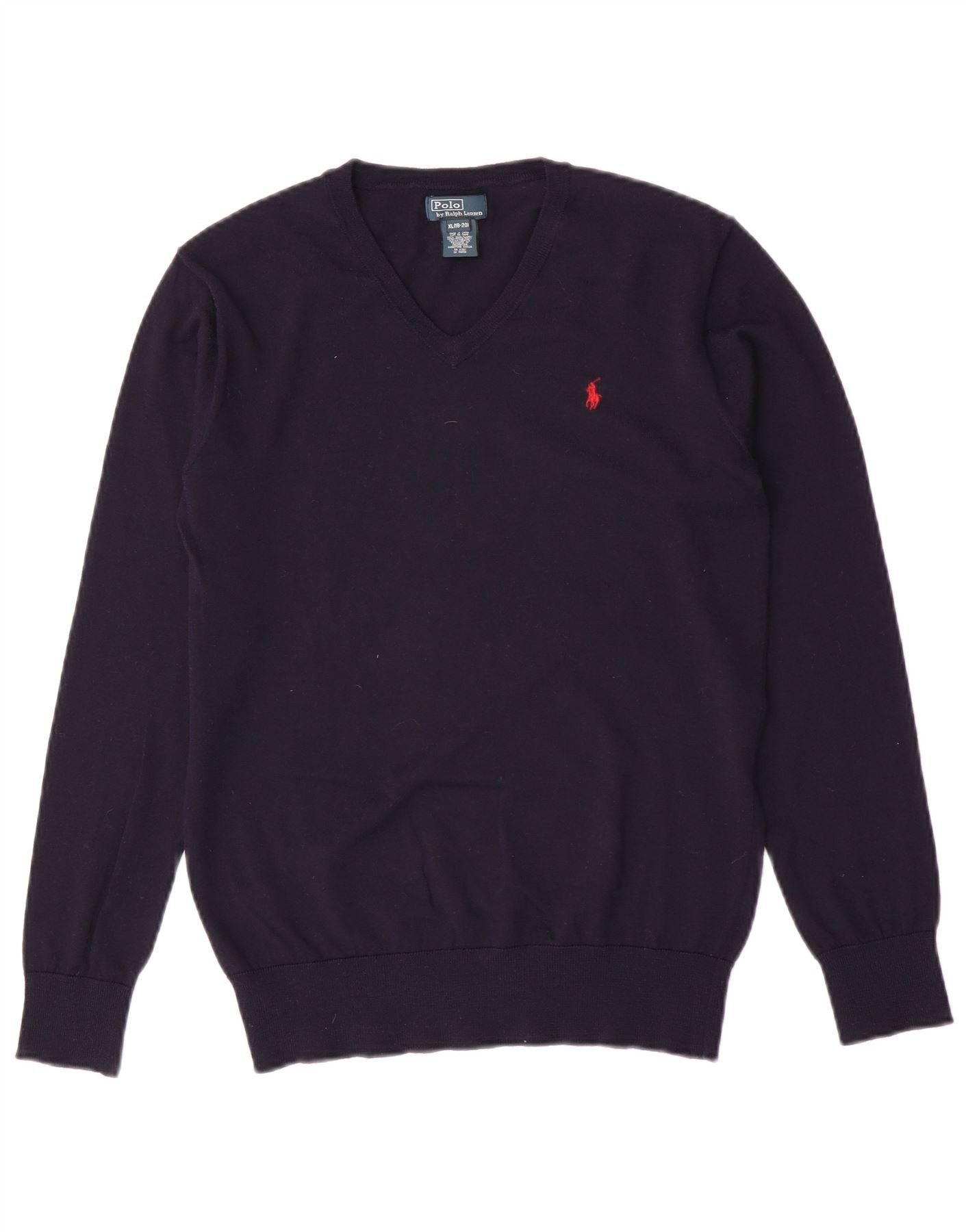 Polo Ralph Lauren Boys V-Neck Jumper Sweater 15-16 Years XL Navy Blue Wool Size ONE SIZE - 1 Thumbnail
