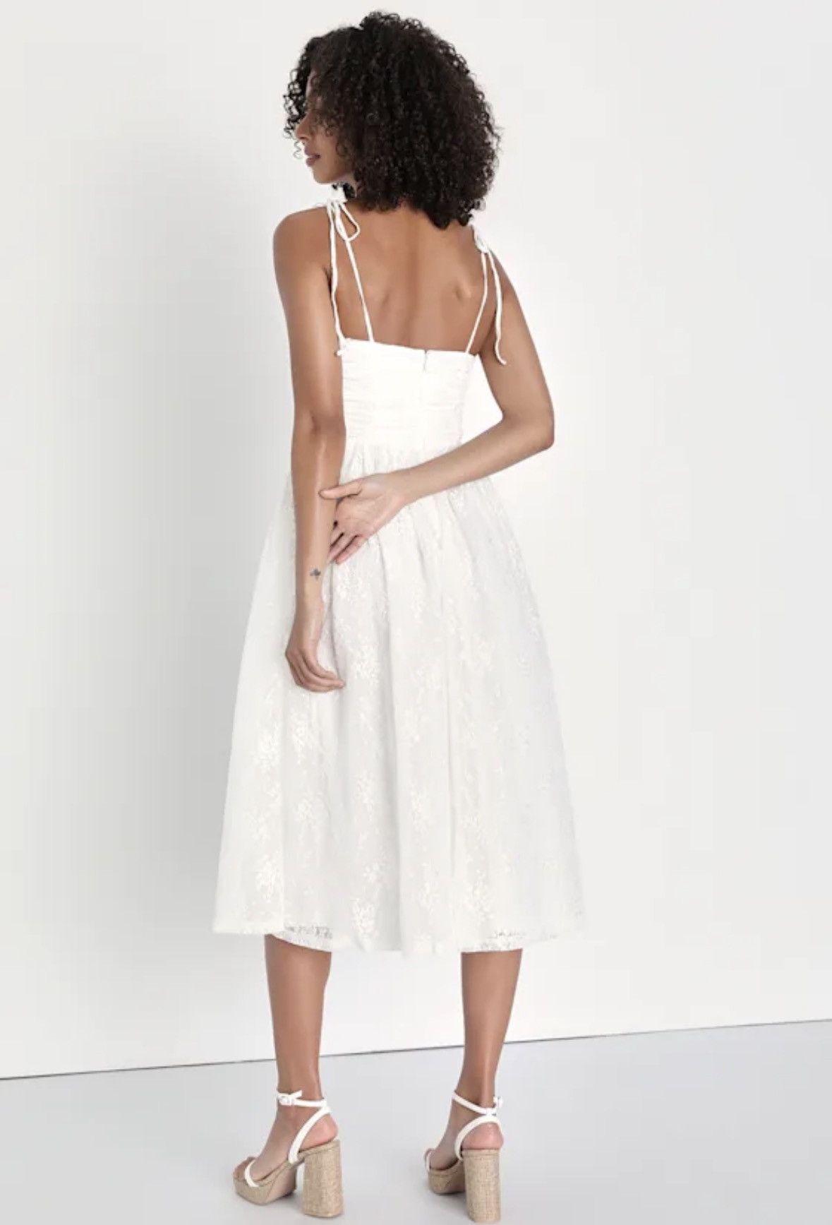 Lulus Lulus Sweetie White Lace Ruched Tie-Strap XS Midi Dress Size XS / US 0-2 / IT 36-38 - 2 Thumbnail
