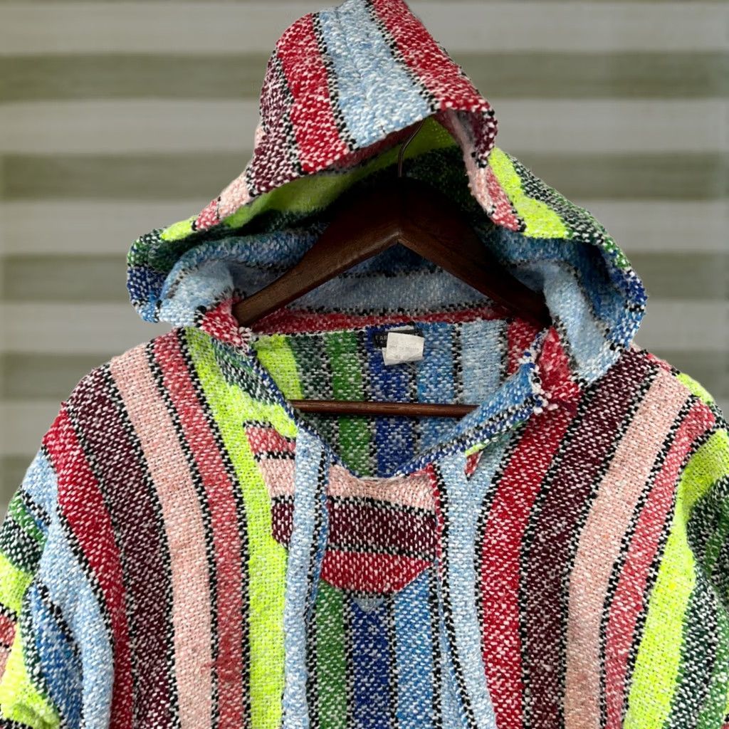 CO Earthbound Trading Co. Baja Hoodie Mens M Multicolor Striped Knit Pullover Hooded Kangaroo Pocket Jerga Boho Surf Ethnic Woven Blanket Size US M / EU 48-50 / 2 - 1 Thumbnail