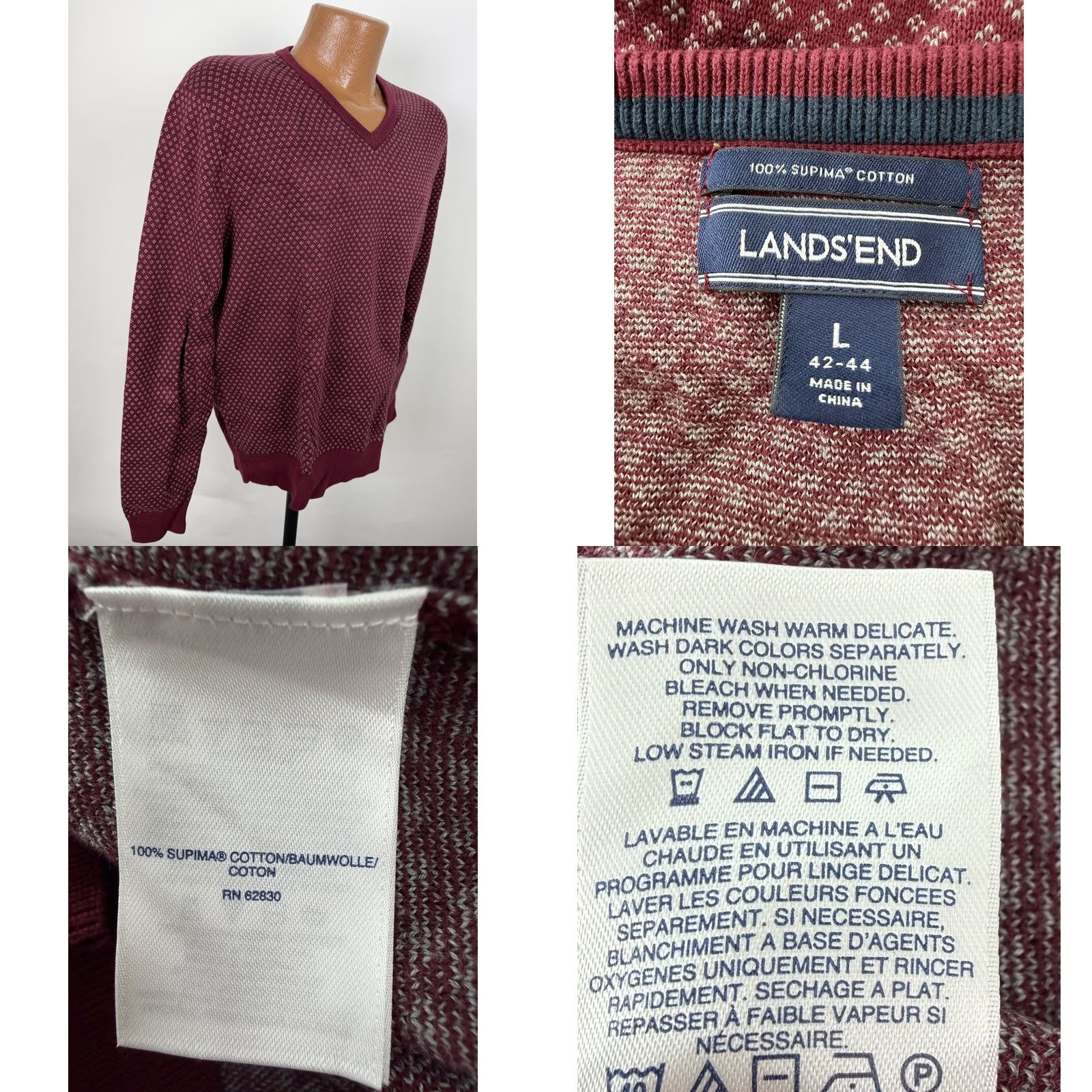 Lands' End Lands' End Mens Large Burgundy V-Neck Supima Cotton Knit Geometric Pullover Sweater Shirt Size US L / EU 52-54 / 3 - 8 Thumbnail
