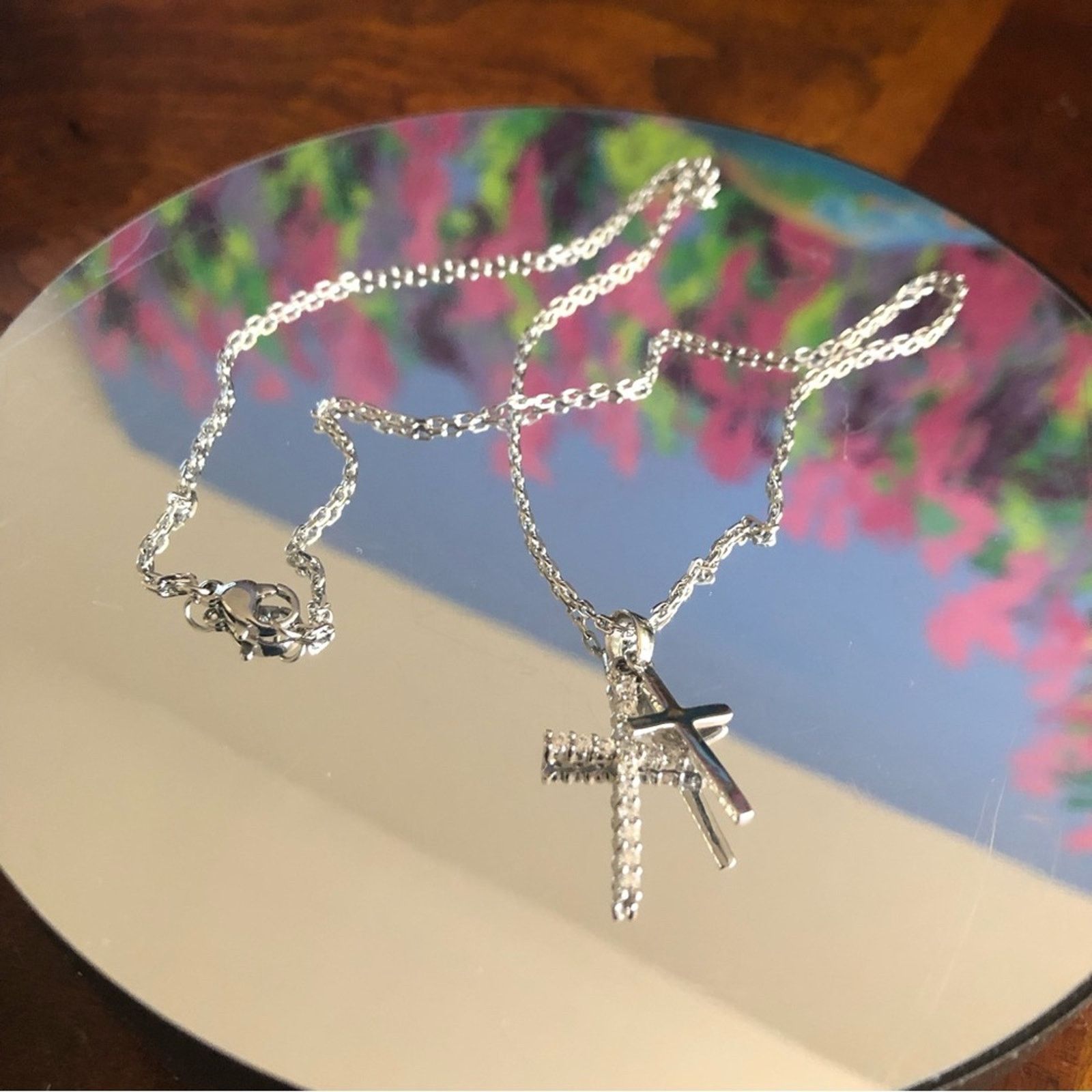Handmade Double cross stainless steel clear cubic zirconia necklace Size ONE SIZE - 2 Thumbnail