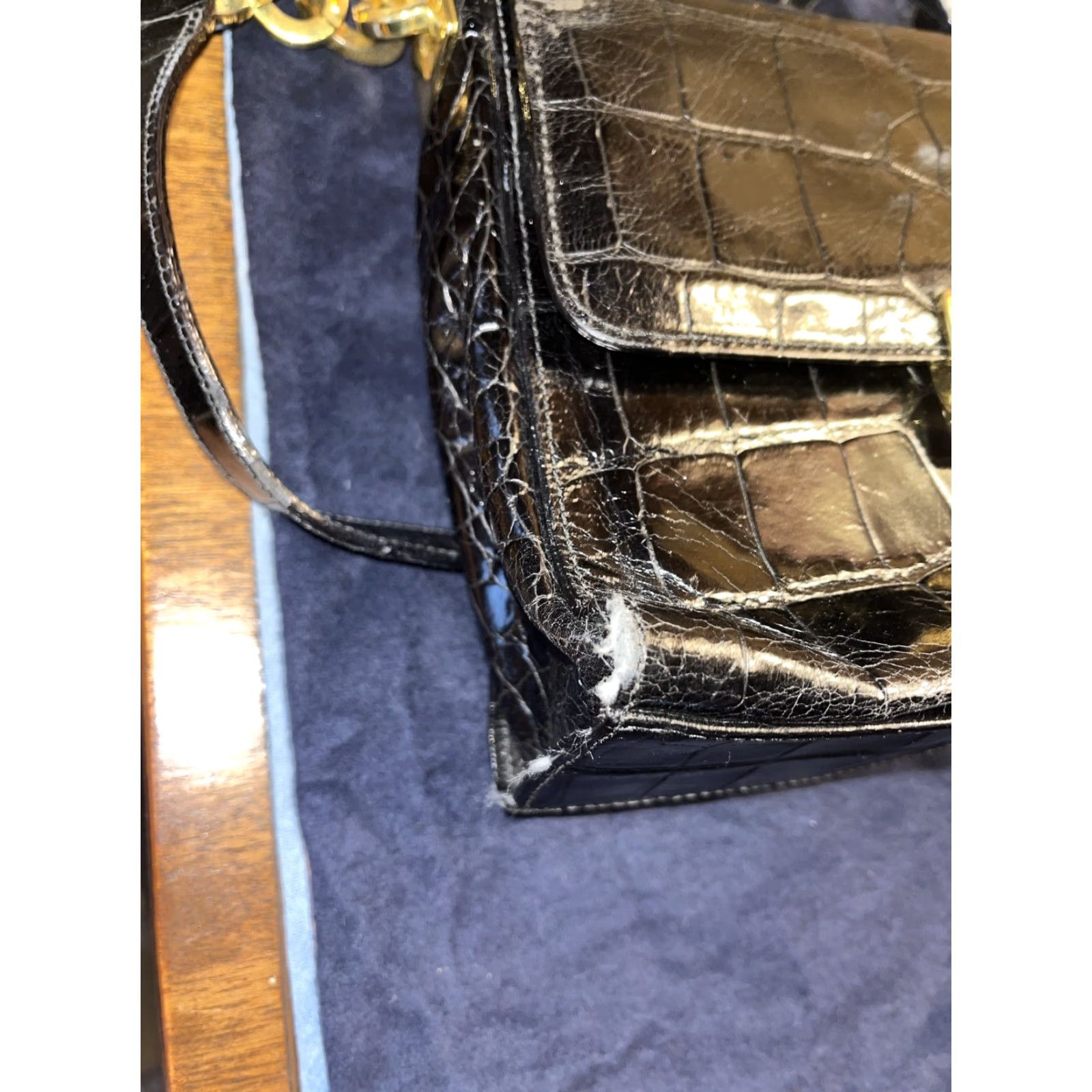 FELT VINTAGE Joan & David Black Leather Crocodile Shoulder Bag Small with Dust Bag, Designer, Animal Print, Womens Size ONE SIZE - 5 Thumbnail