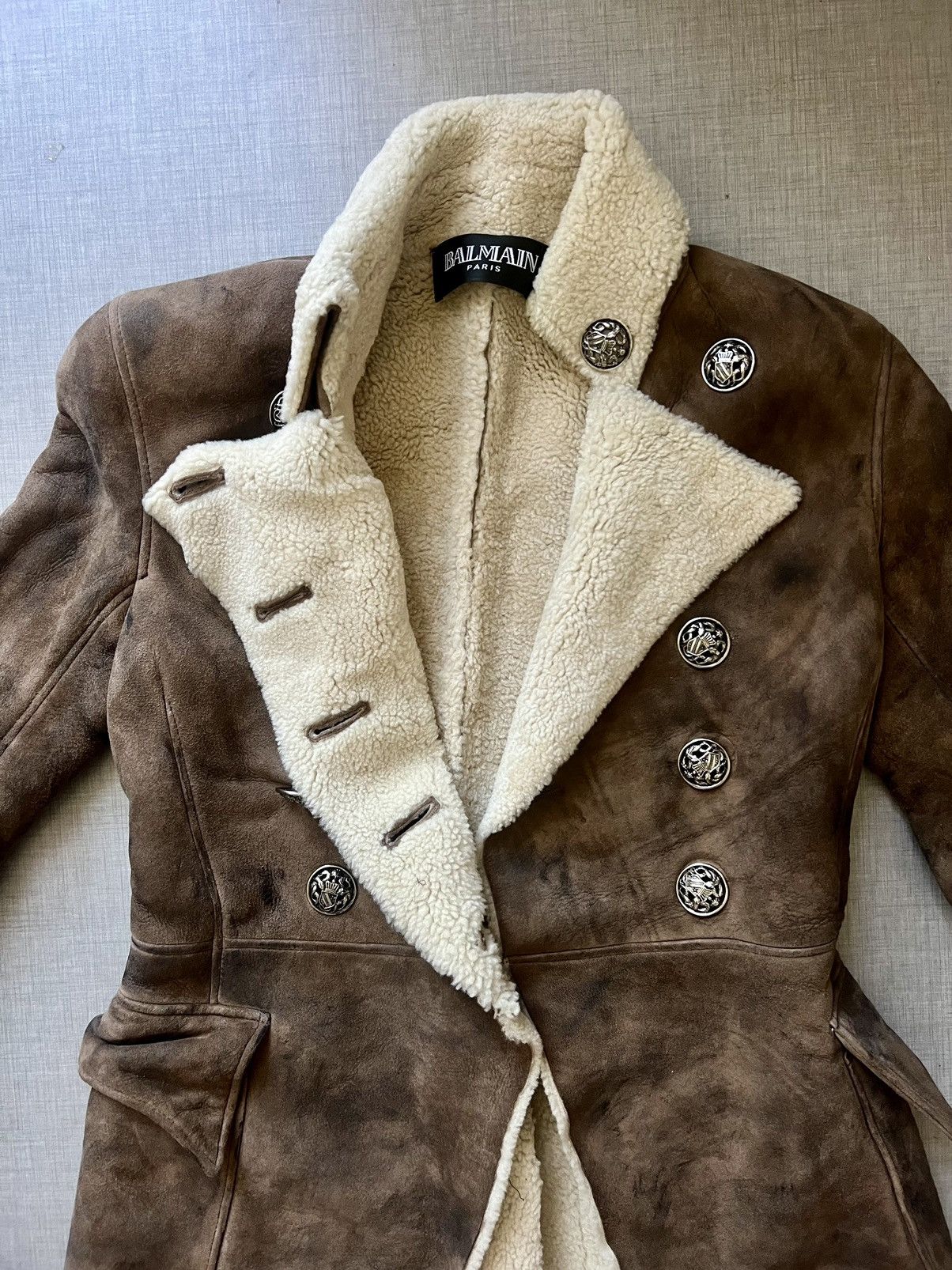 Balmain Balmain Brown Aged Suede & Ivory Sheepskin Coat (Size 38) Size S / US 4 / IT 40 - 3 Thumbnail
