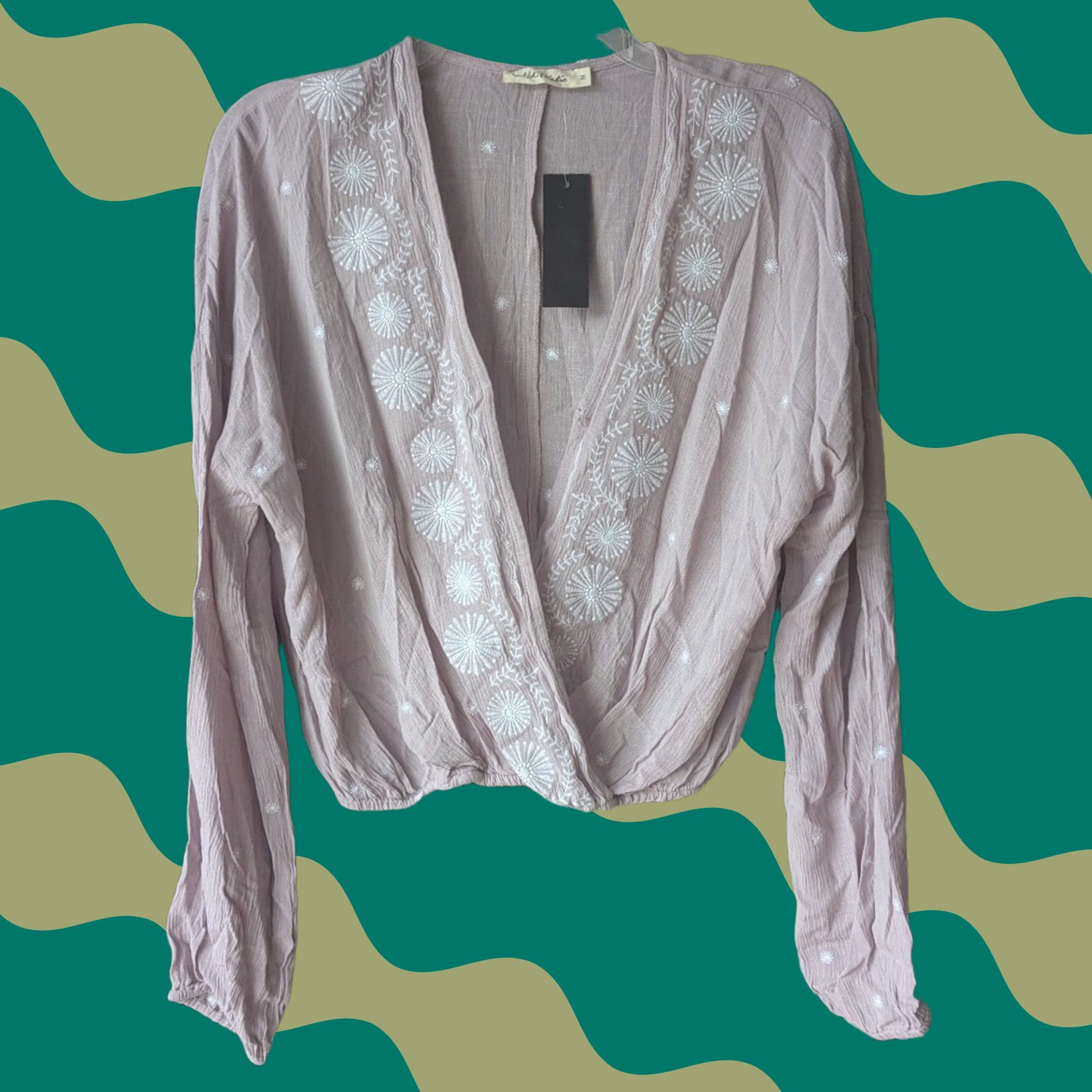 Vintage Chloe & Katie Blouse Shirt Cropped Embroidered V-Neck Long Sleeve Pink Floral Surplice Sz M NEW Women Size M / US 6-8 / IT 42-44 - 1 Thumbnail