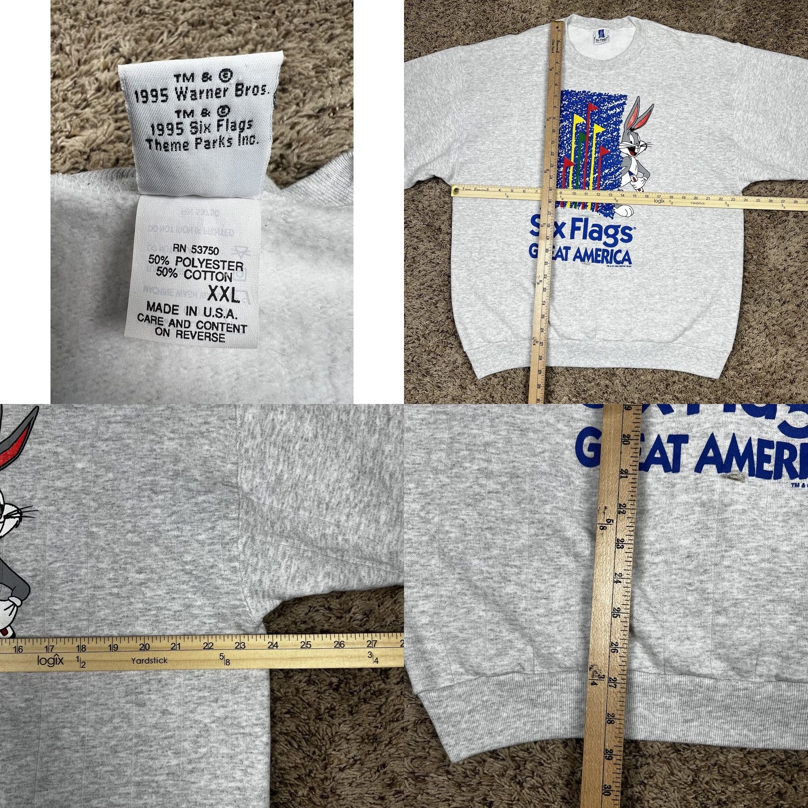 Vintage VINTAGE Six Flags Bugs Bunny 1994 Crewneck Sweatshirt 2XL Gray Graphic Print Mens Womens Unisex Adults Sweatshirt Theme: 90s, Looney Tunes Size US XXL / EU 58 / 5 - 8 Thumbnail