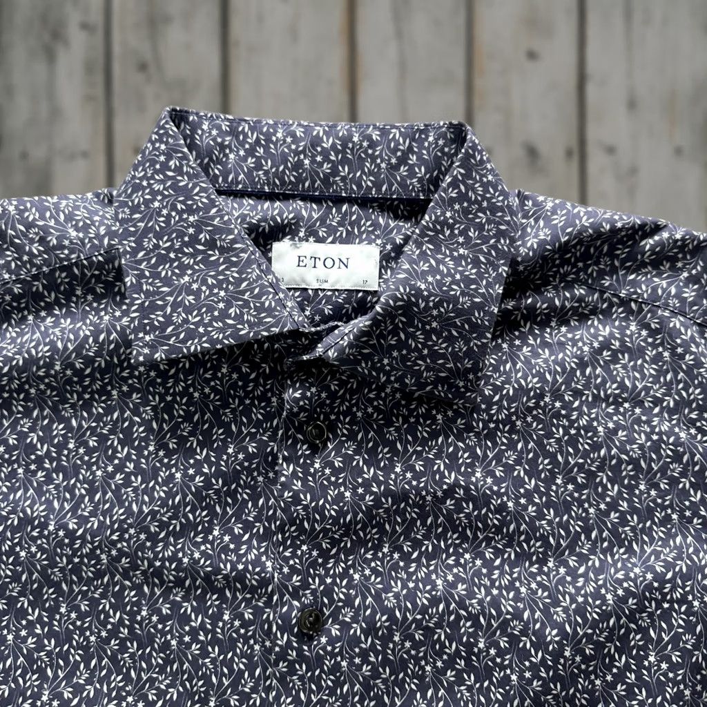 Eton VINTAGE: No — Eton Dress Shirt Mens 17 43 Blue Floral Slim Fit Long Sleeve Spread Cotton Shirt Mens 17 Slim Blue Floral Cotton Woven Business Size 46R - 1 Thumbnail
