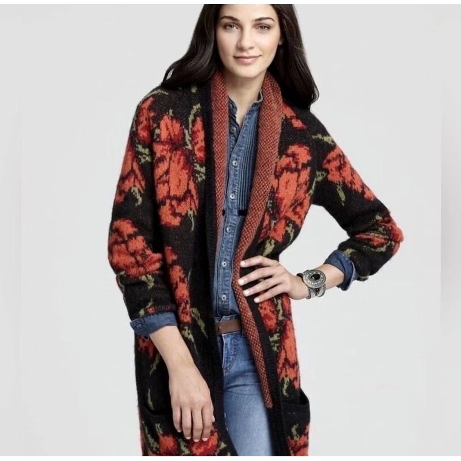 Free People Free People Sweater Cardigan Womens Small Black Floral Long Open-Front Alpaca Blend Boho Size S / US 4 / IT 40 - 2 Thumbnail
