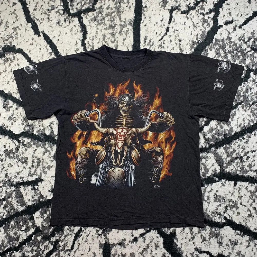Vintage Vintage 90s Wild Skeleton Motorcycle Tshirt Tee Skull Aop Size US M / EU 48-50 / 2 - 1 Thumbnail