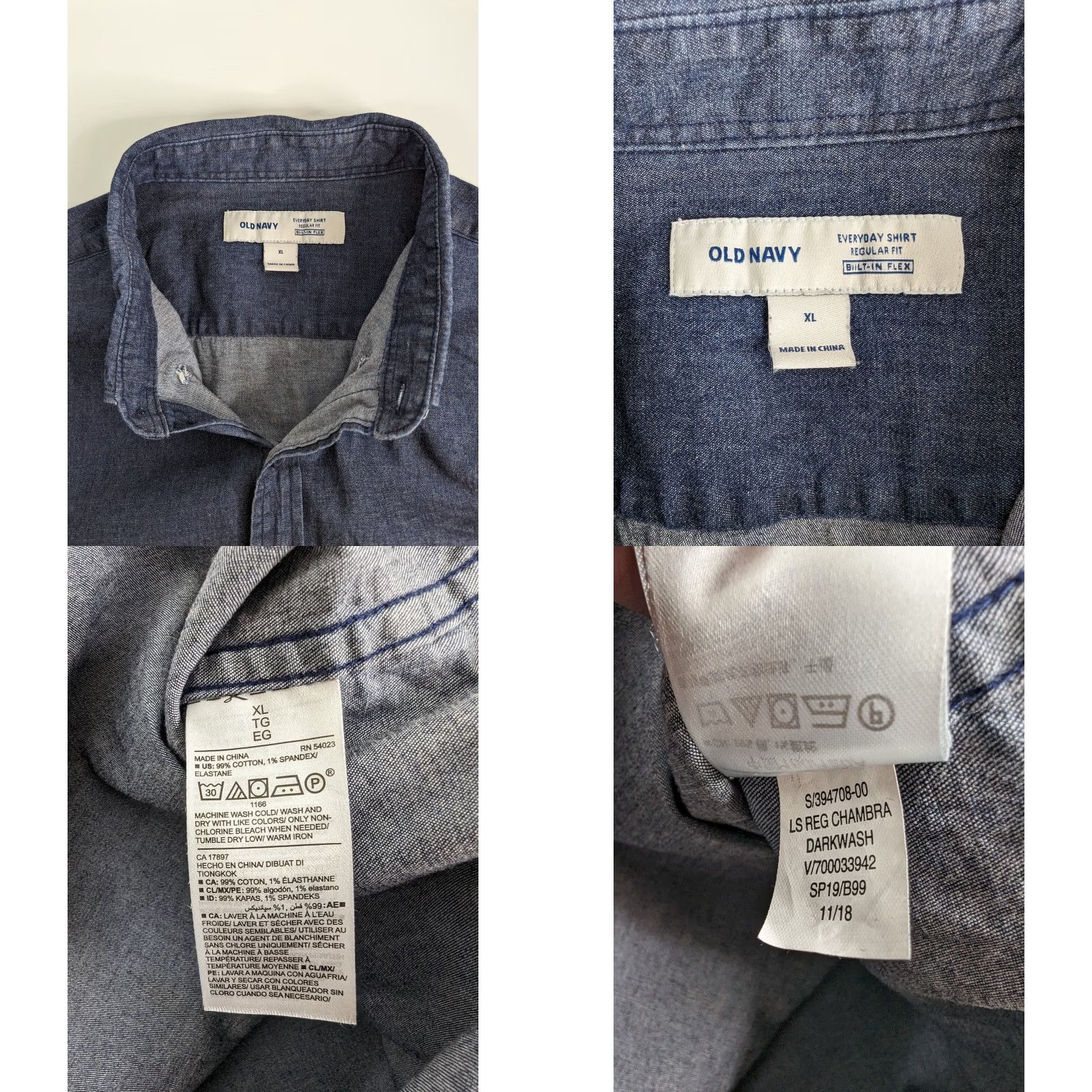 Old Navy Old Navy Everyday Shirt Chambray Men’s XL Long Sleeve Button-Up with Pocket, Dark Wash Size US XL / EU 56 / 4 - 8 Thumbnail