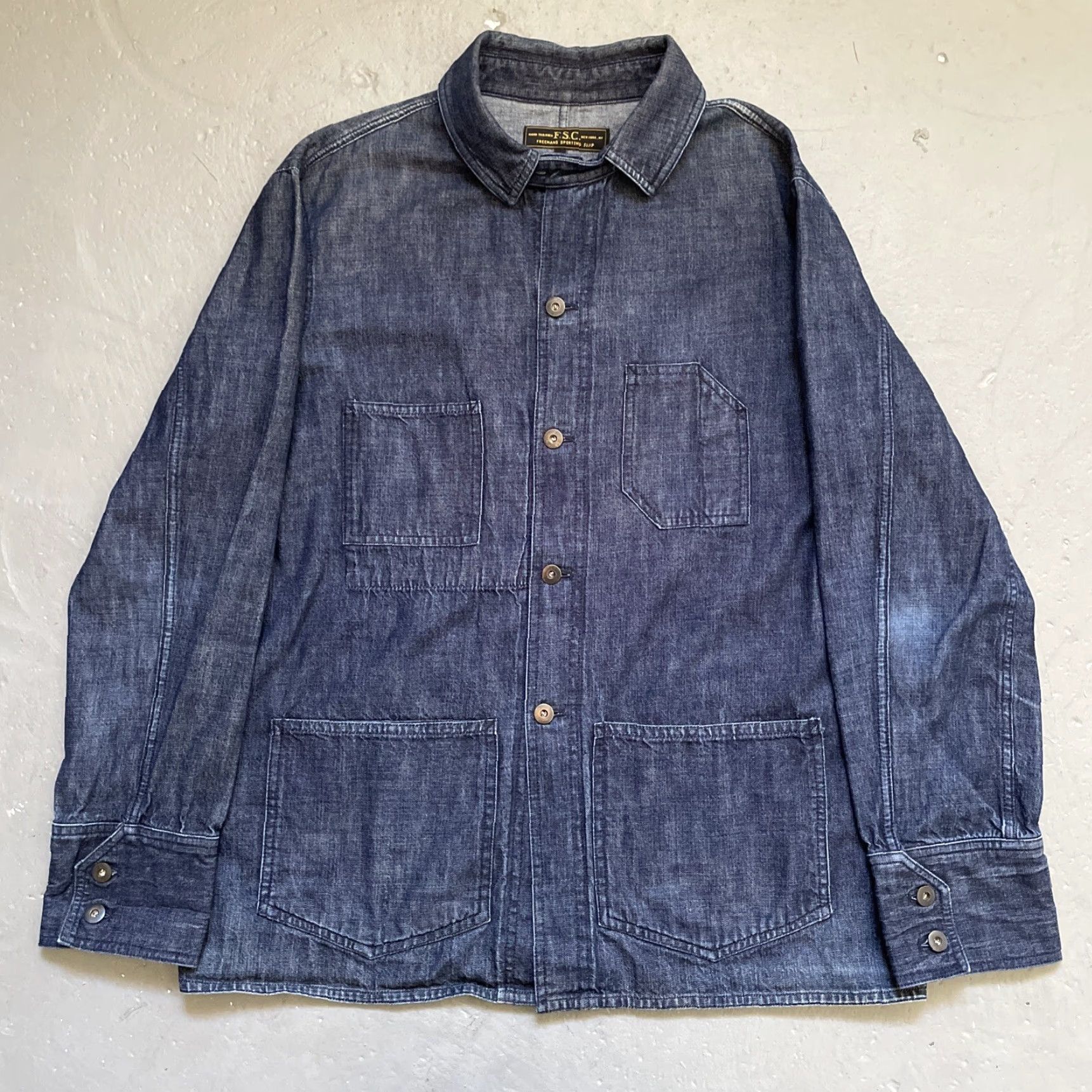 Vintage VINTAGE Freemans Sporting Club Selvedge Denim Chore Jacket Men's XL Blue Workwear Chin Strap Engineer Denim Jacket Size US XL / EU 56 / 4 - 2 Thumbnail