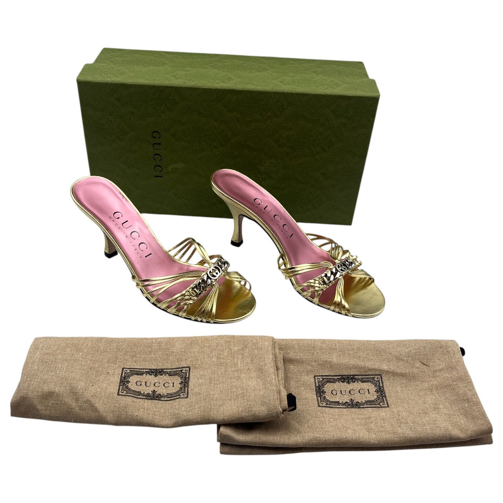 Gucci Logo Chain Metallic Leather Mules Slides Heel Shoes Sandals in Gold, Women's (Size 7)