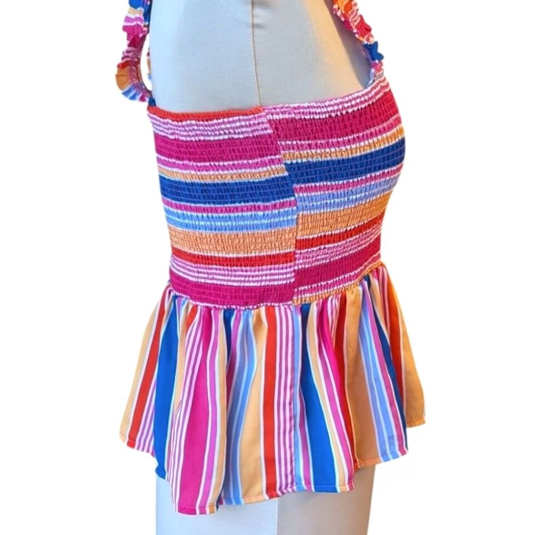 Rainbow Unbranded Multicolor Striped Smocked Peplum Top Ruffle Strap Square Neck Size S Women Sleeveless Crop Top Size S / US 4 / IT 40 - 4 Thumbnail