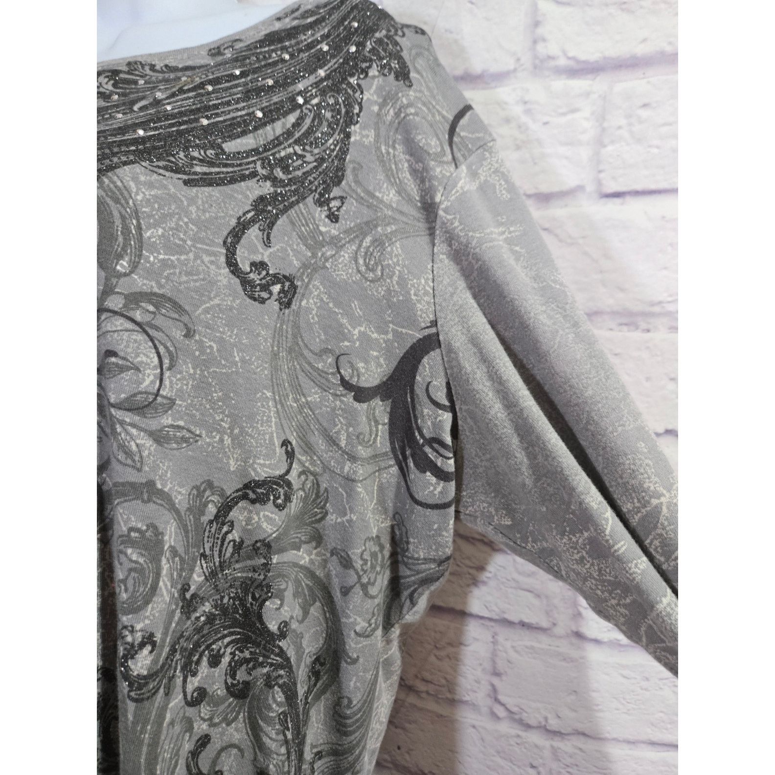 Other Nicole Miller Black Gray Floral Print Top XL 3/4 Sleeves Size XL / US 12-14 / IT 48-50 - 2 Thumbnail