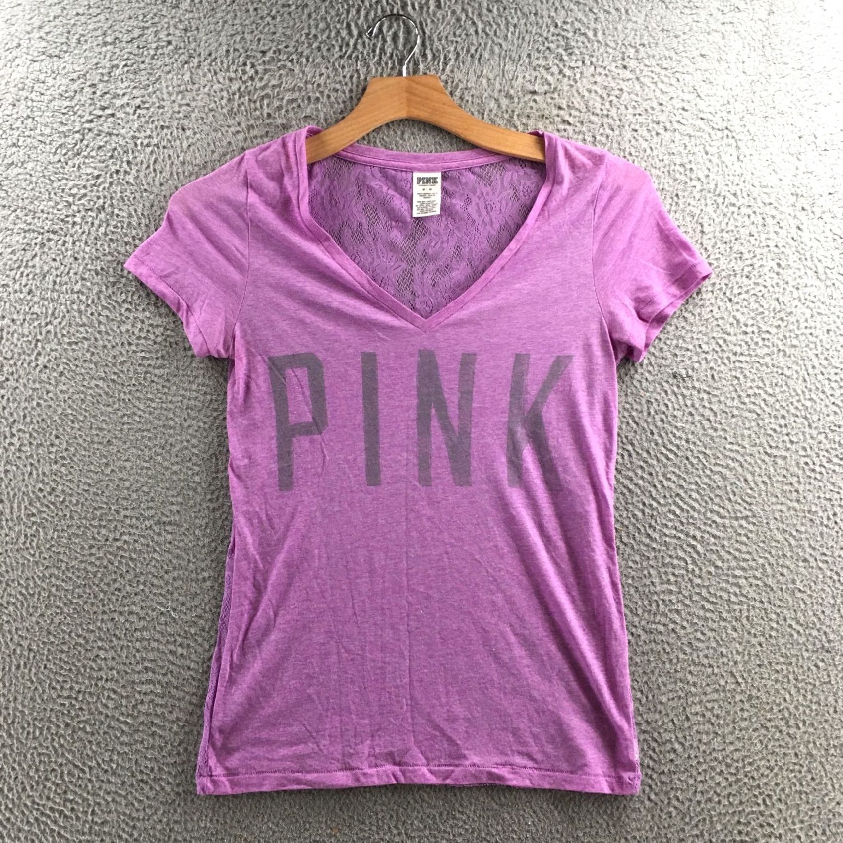 Victoria's Secret Victoria's Secret PINK Top Womens M Purple V-Neck Tee Lace Back Graphic Logo Shirt Size M / US 6-8 / IT 42-44 - 2 Thumbnail