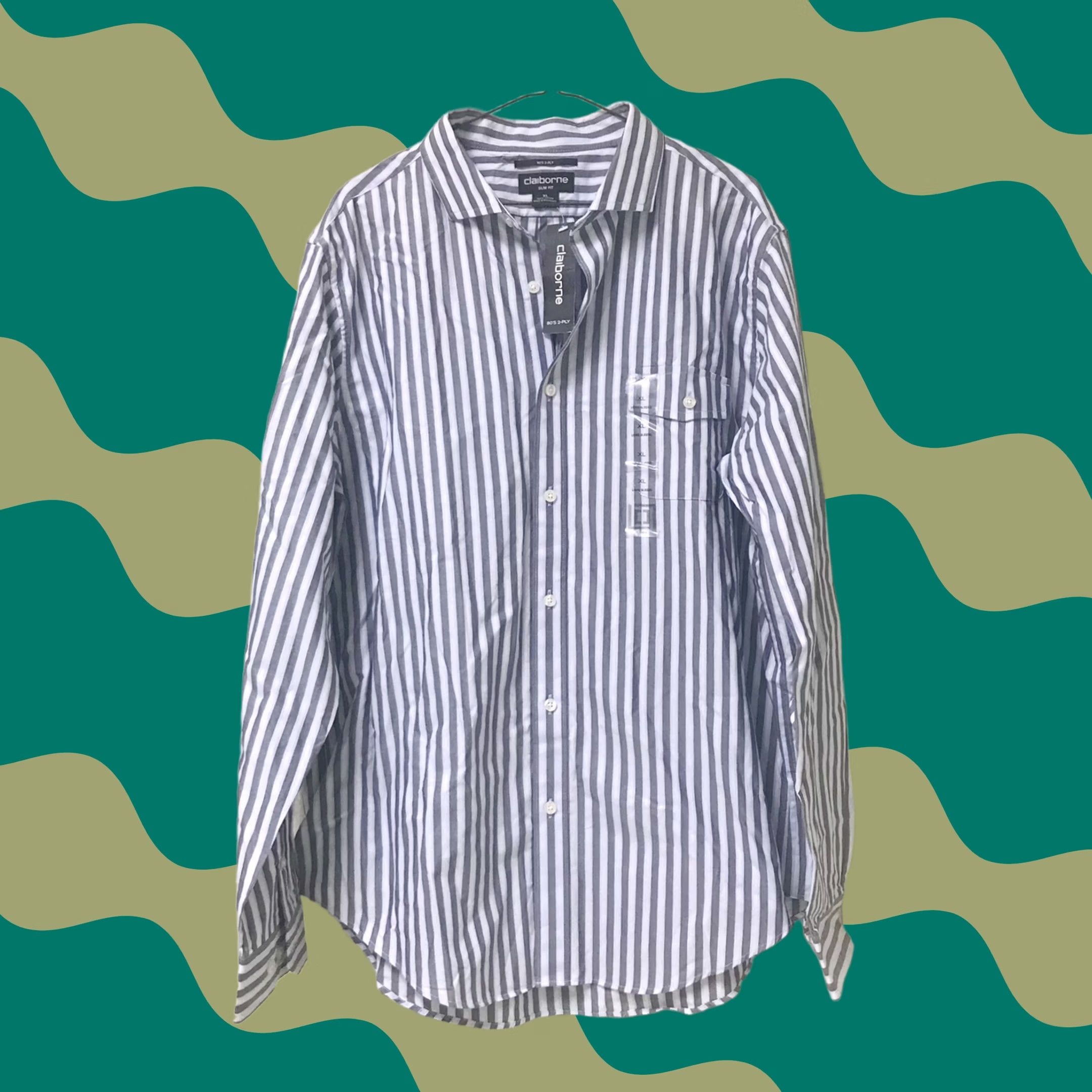 Liz Claiborne Claiborne Men Blue Palermo Stripe 80s 2-Ply Slim Fit Button Long Sleeve Shirt XL Size US XL / EU 56 / 4 - 1 Thumbnail