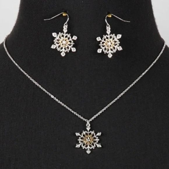 Handmade Snowflake Necklace Earrings Set 16" Chain New Reversible Size ONE SIZE - 3 Thumbnail