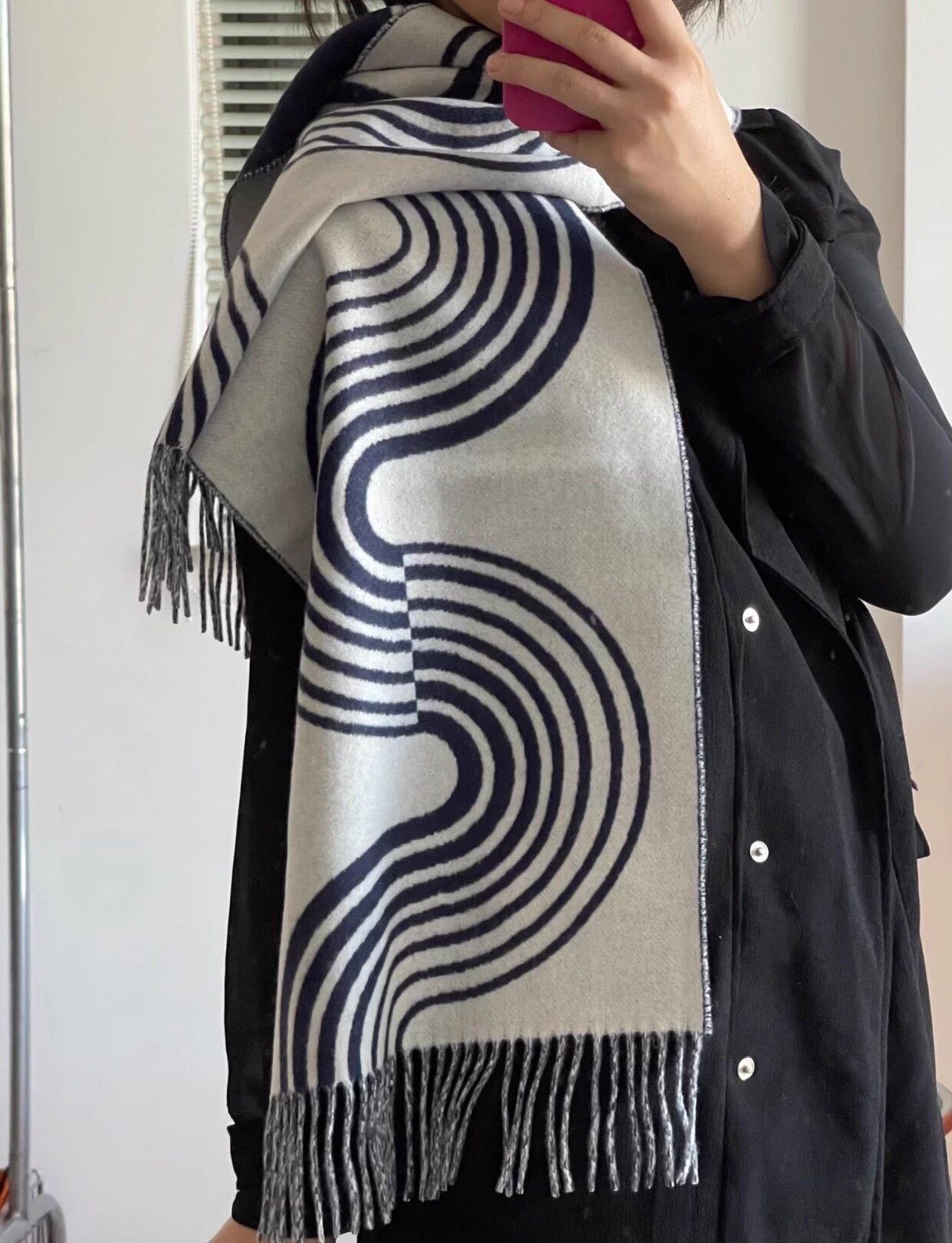 Hermes Hermes Navy & White Wavy Logo Cashmere Scarf Size ONE SIZE - 2 Thumbnail