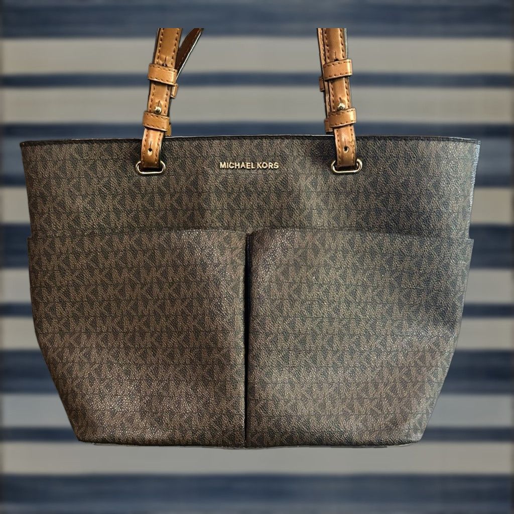 Michael Kors MICHAEL KORS Jet Set Travel Medium Double Pocket Tote Shoulder Bag MK Brown Read Womens Bag Size ONE SIZE - 1 Thumbnail