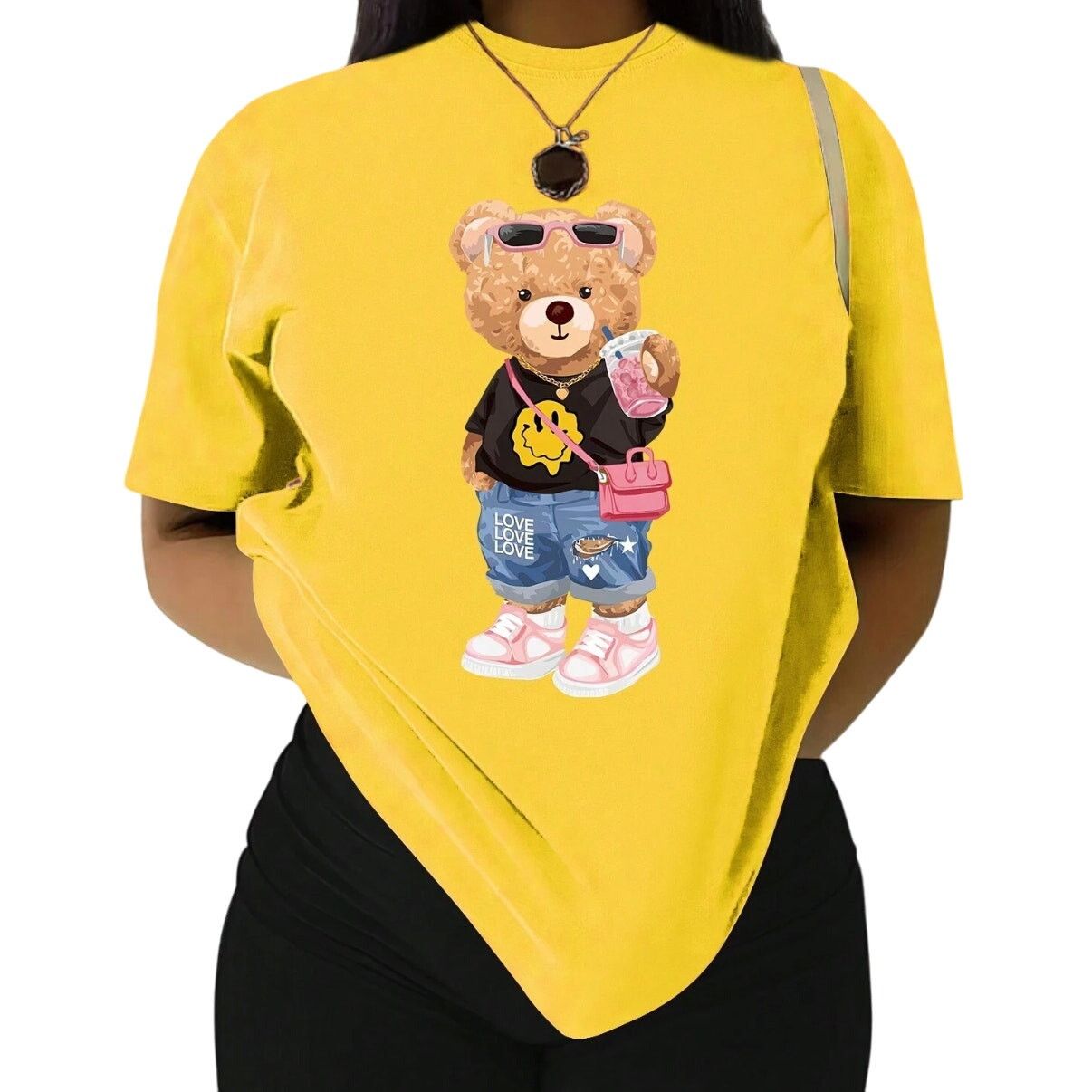 Shein Bear Print Round Neck Short Sleeve T-Shirt in Yellow, Size S Size S / US 4 / IT 40 - 1 Preview